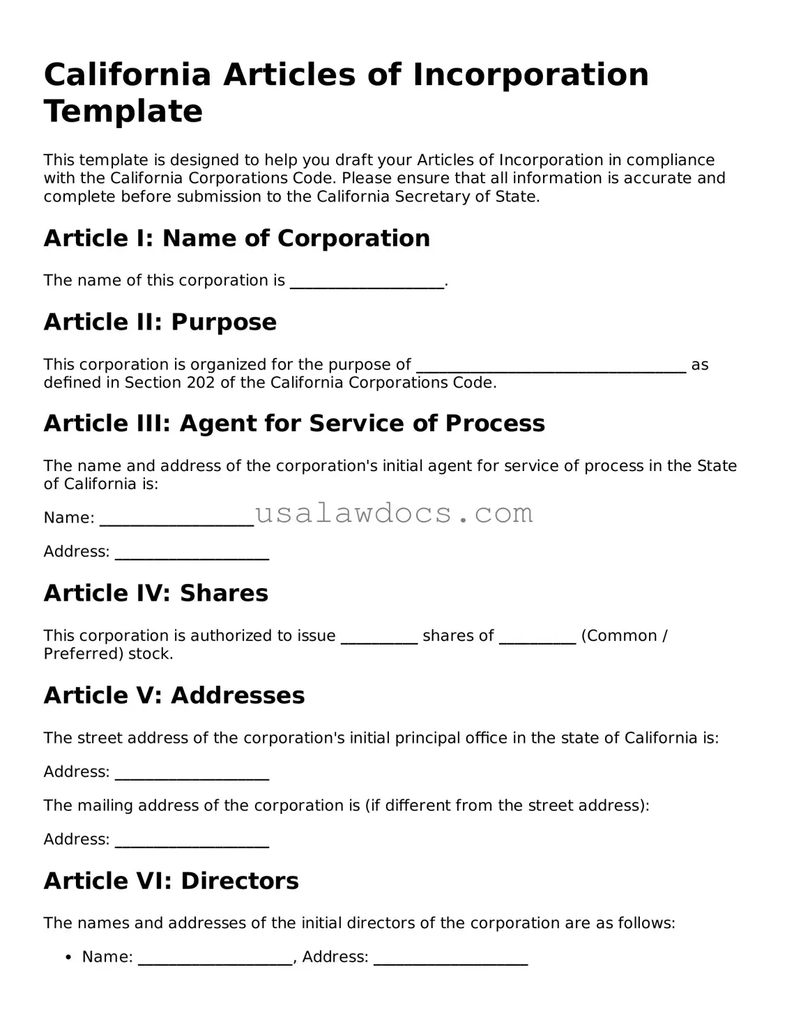 Attorney-Approved  Articles of Incorporation Form for California