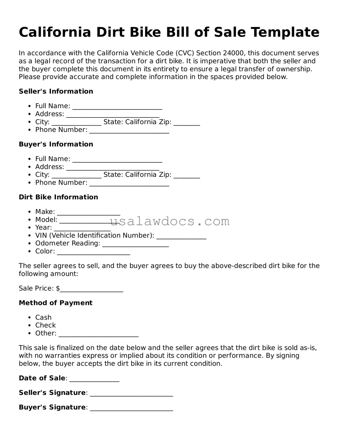 Attorney-Approved  Dirt Bike Bill of Sale Form for California
