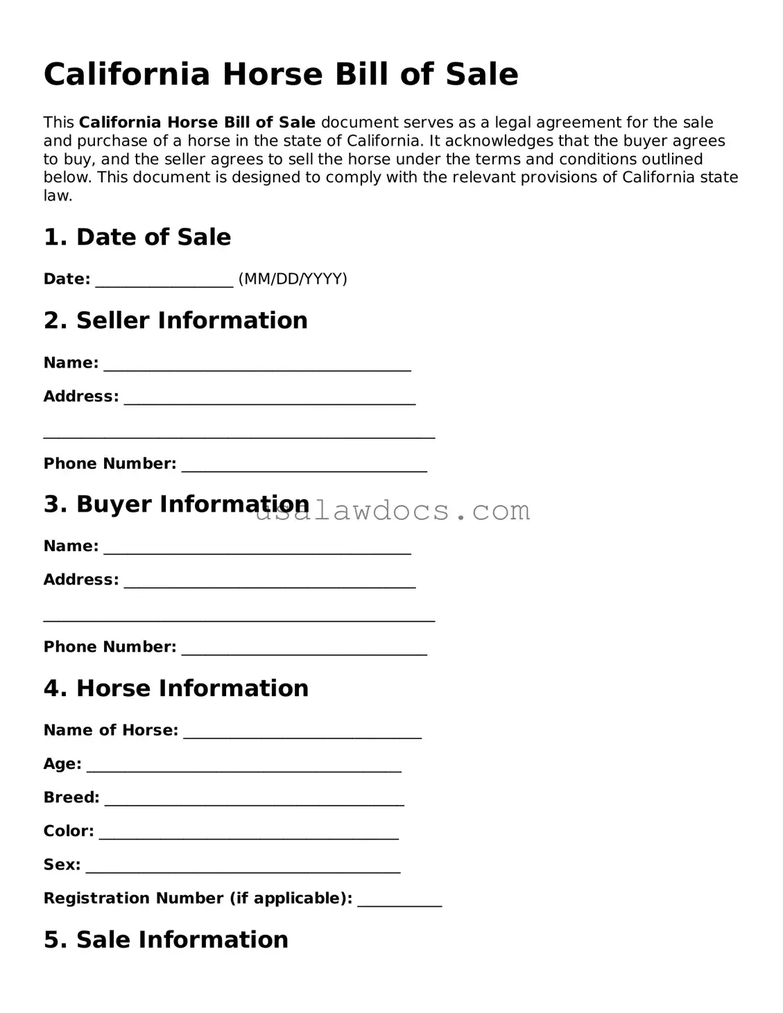 Attorney-Approved  Horse Bill of Sale Form for California