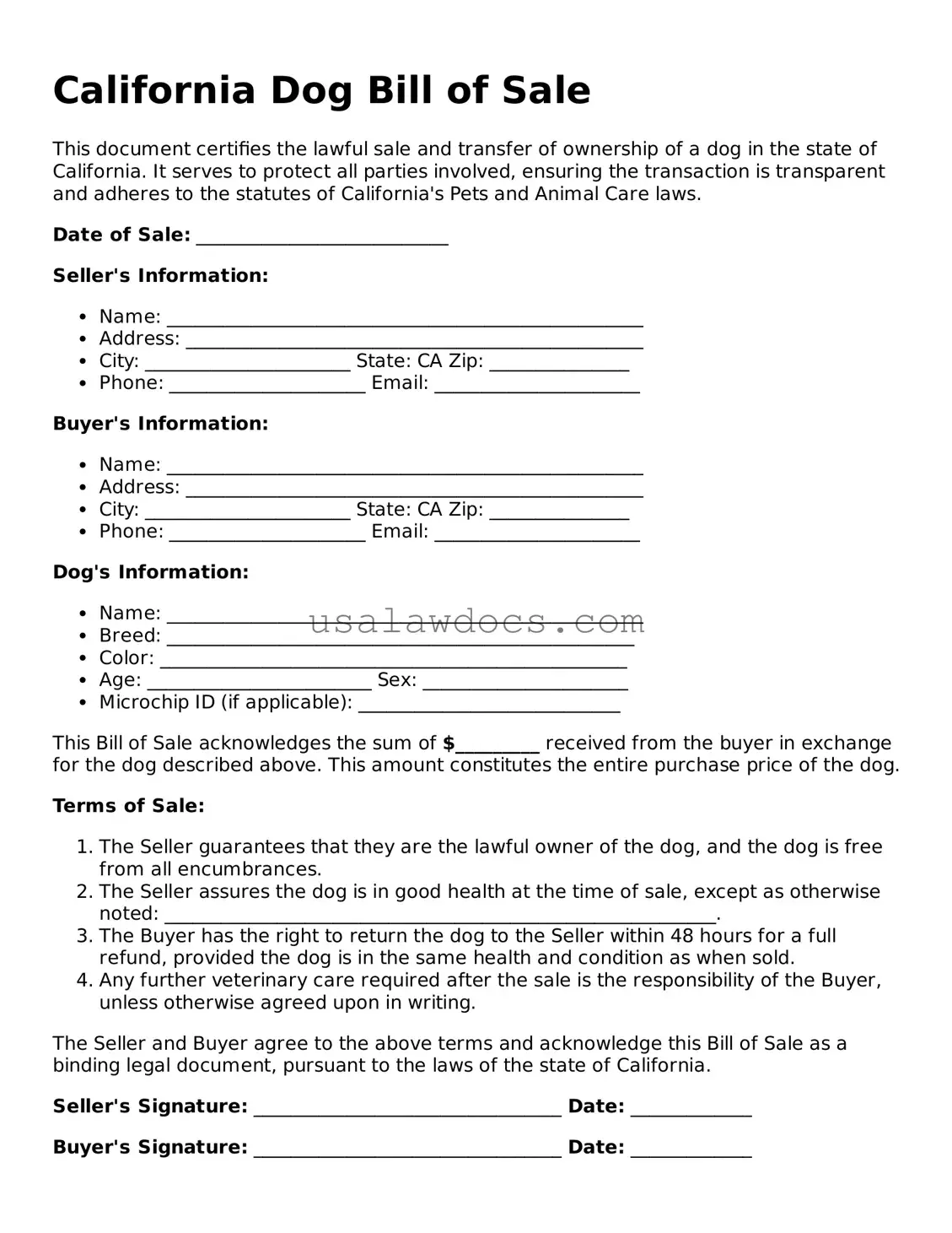 Attorney-Approved  Dog Bill of Sale Form for California
