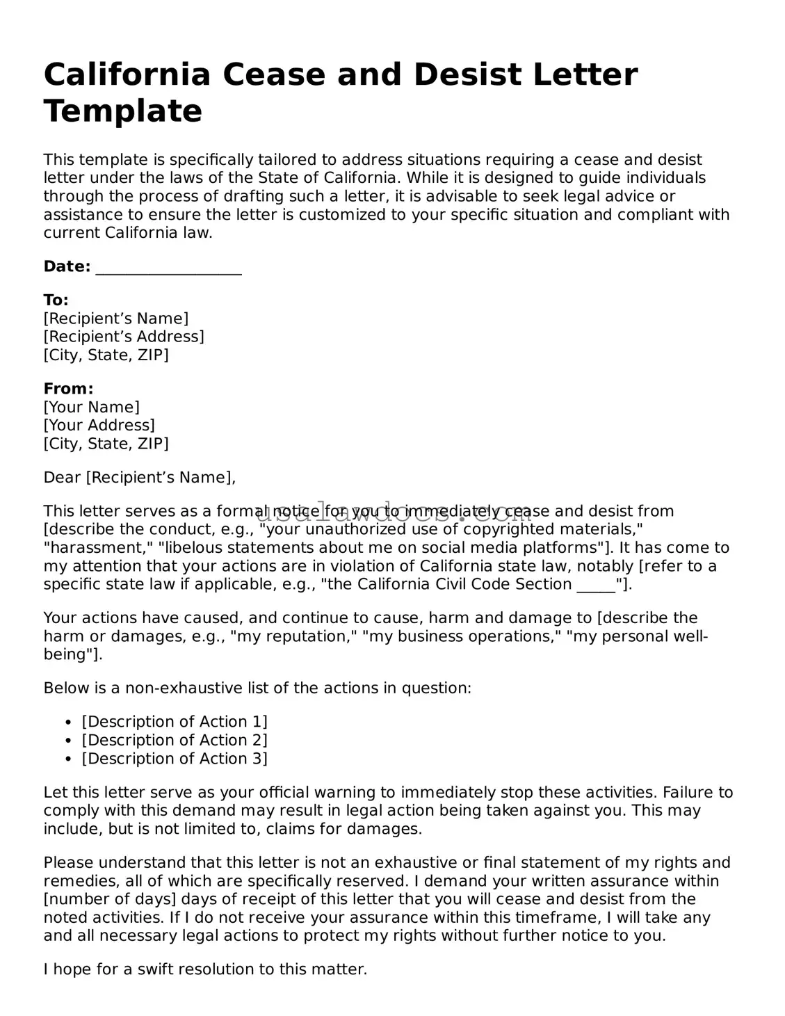 Attorney-Approved  Cease and Desist Letter Form for California