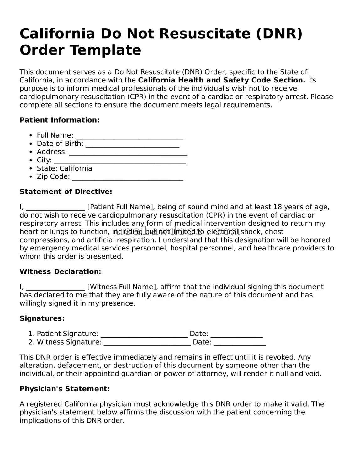 Attorney-Approved  Do Not Resuscitate Order Form for California