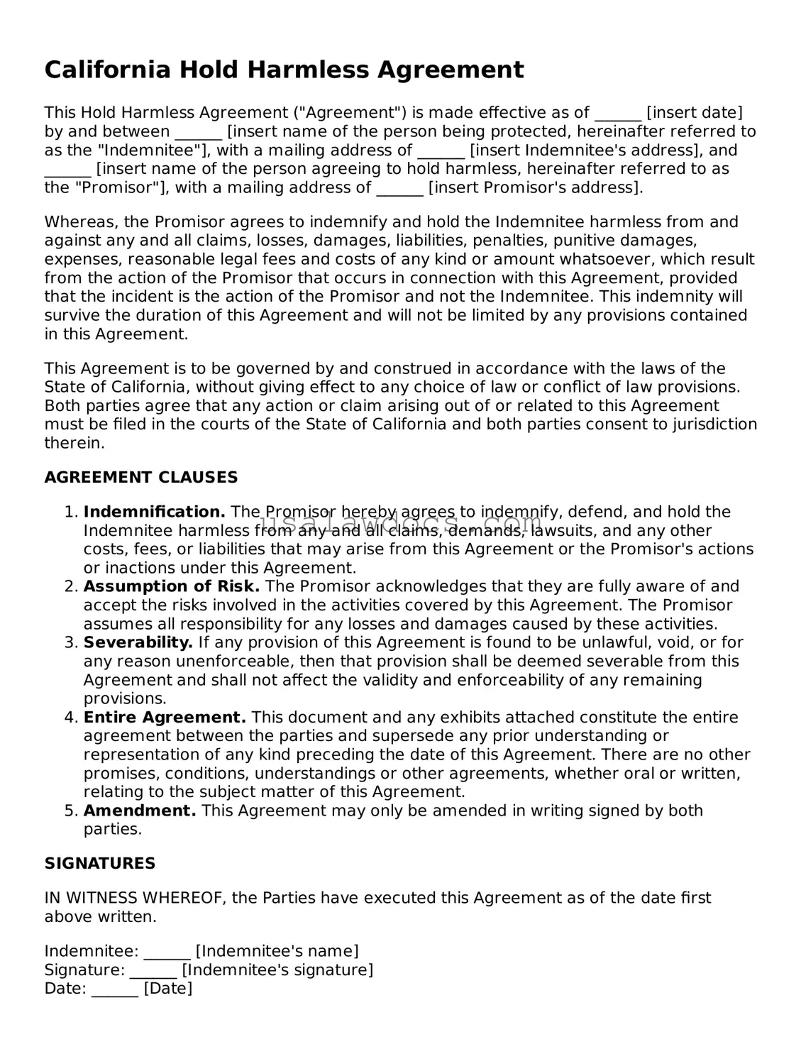 Attorney-Approved  Hold Harmless Agreement Form for California