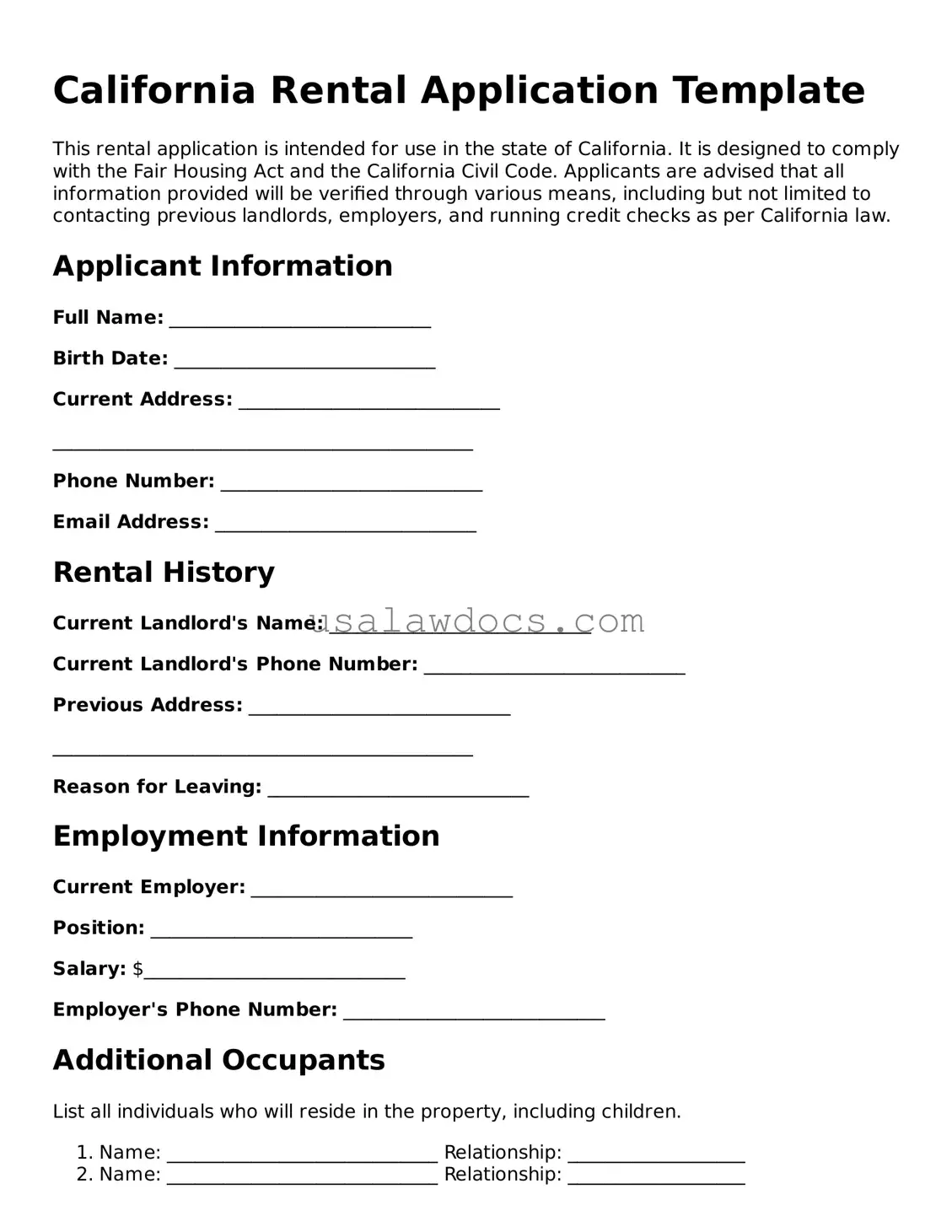 Attorney-Approved  Rental Application Form for California