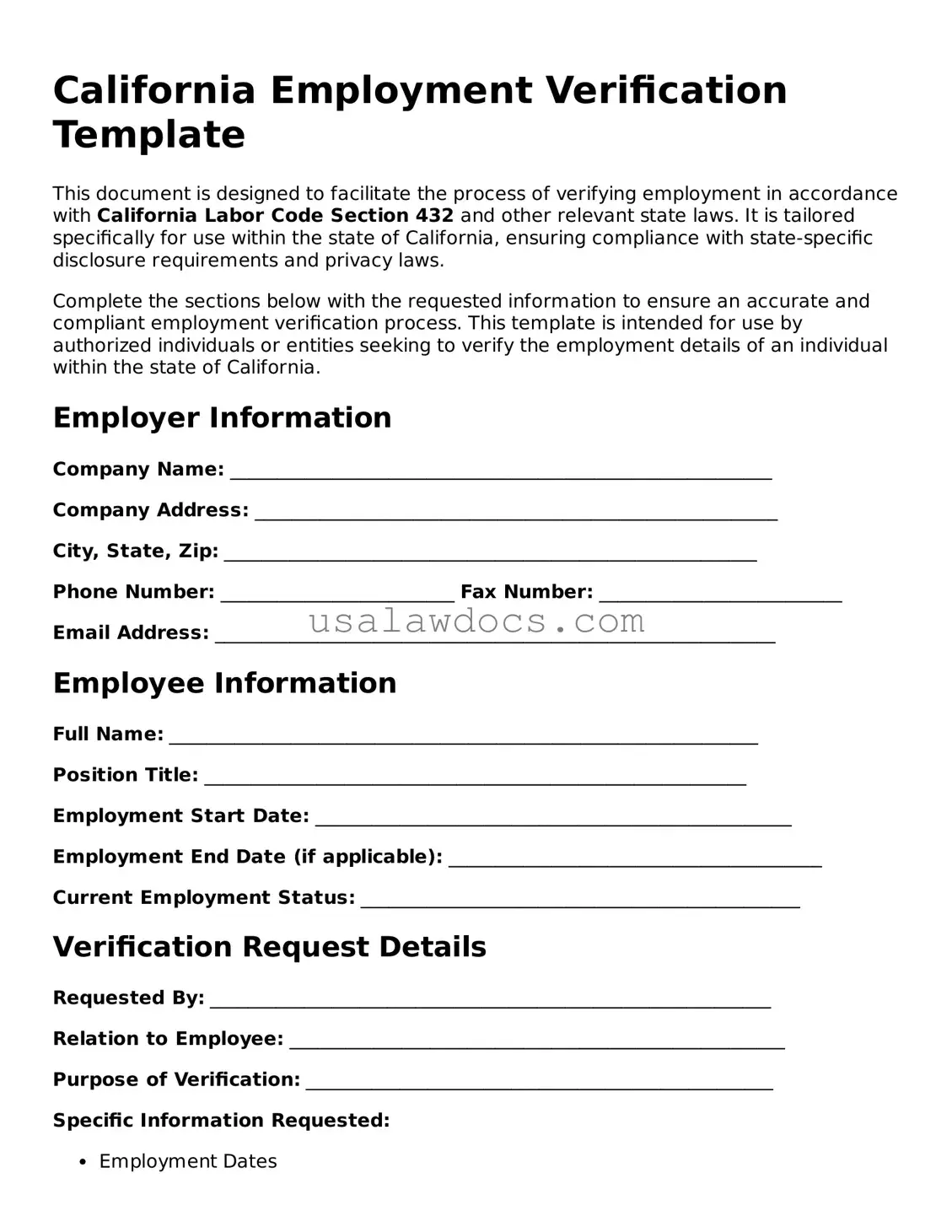 Attorney-Approved  Employment Verification Form for California