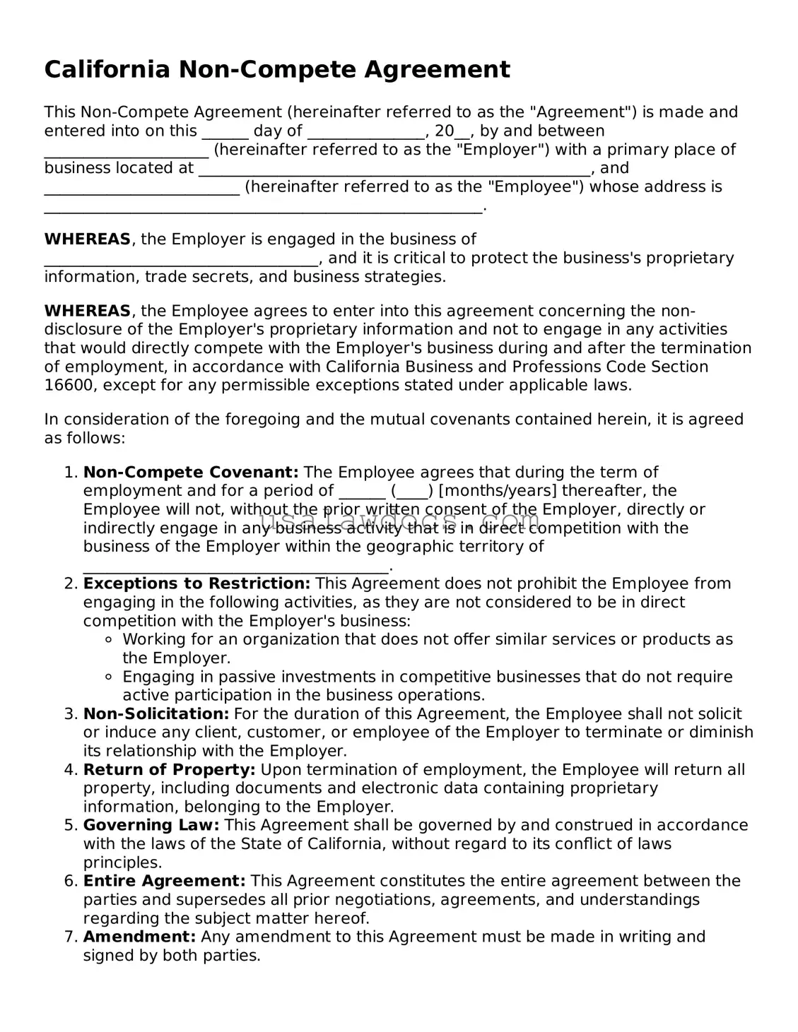 Attorney-Approved  Non-compete Agreement Form for California