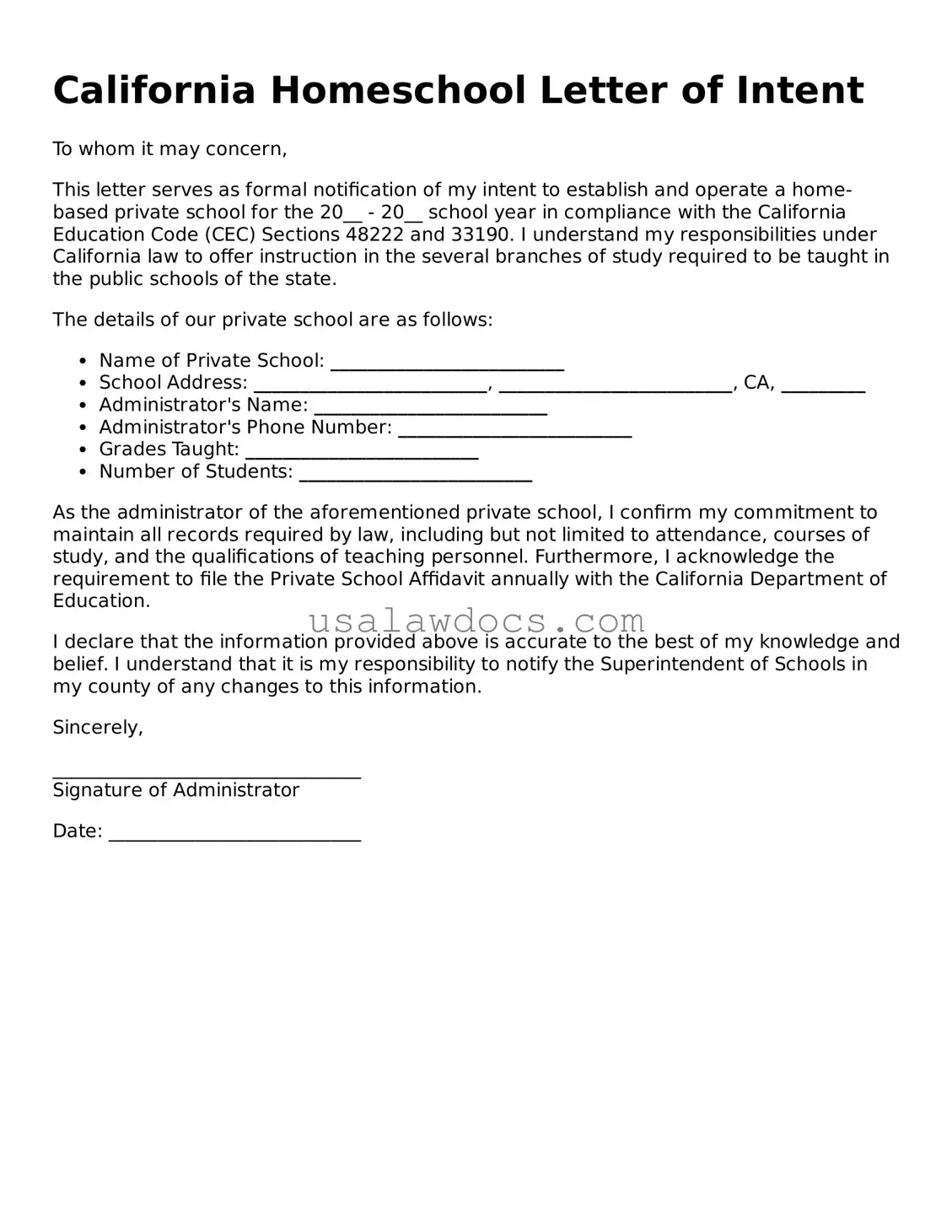 Attorney-Approved  Homeschool Letter of Intent Form for California