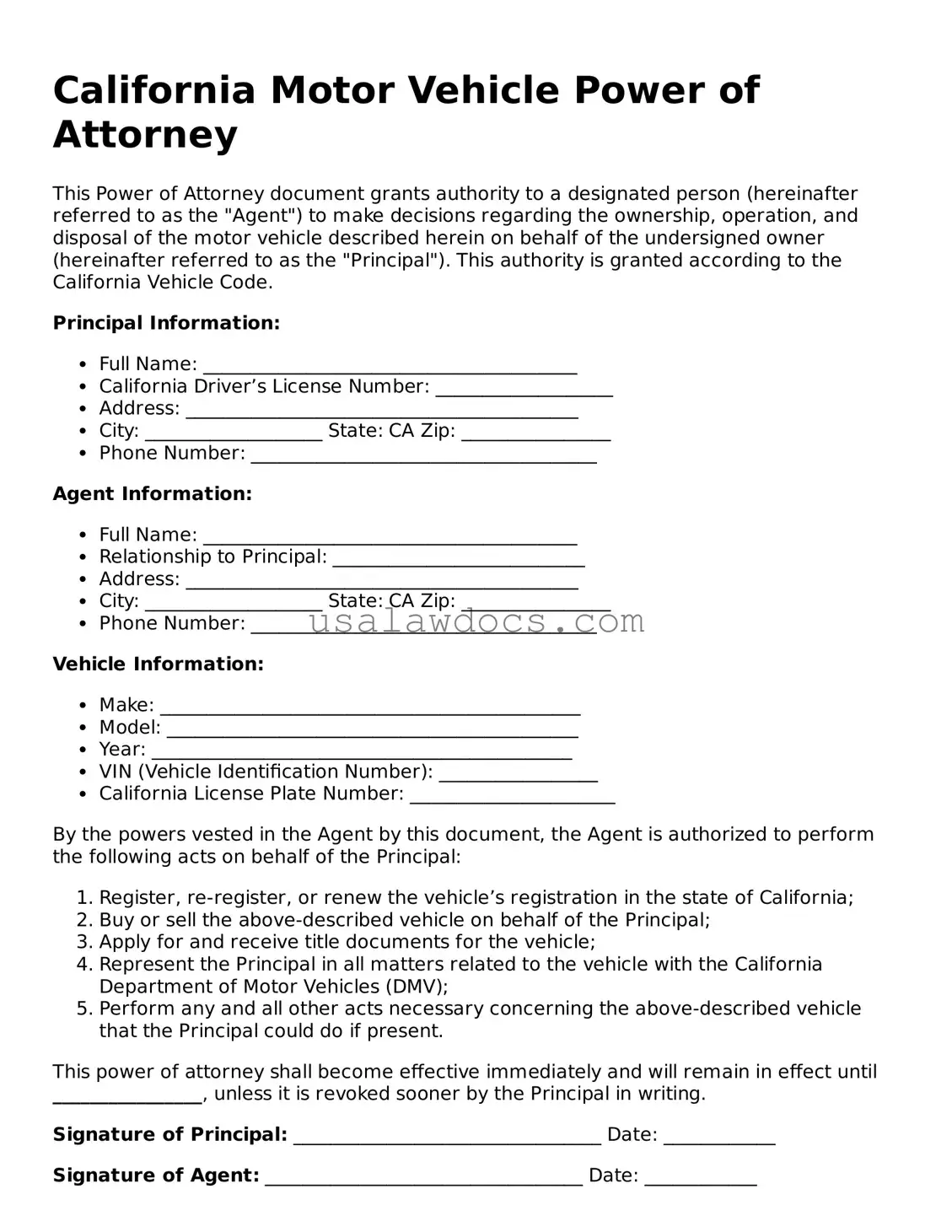 Attorney-Approved  Motor Vehicle Power of Attorney Form for California