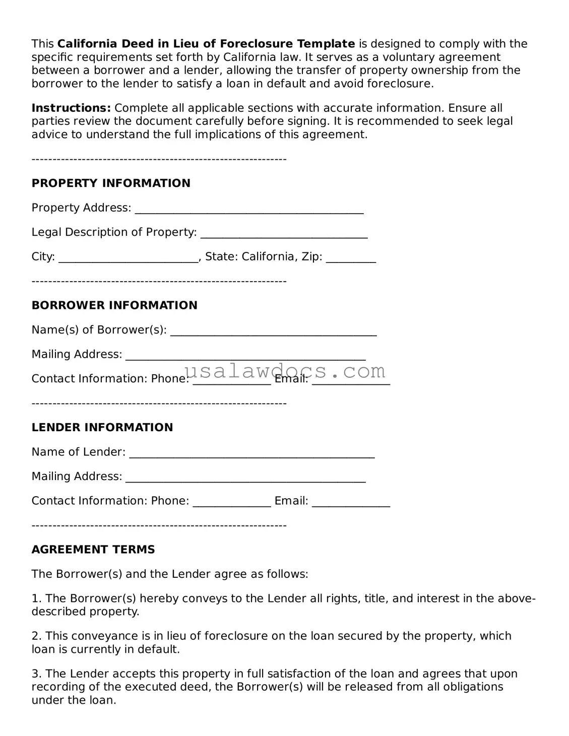 Attorney-Approved  Deed in Lieu of Foreclosure Form for California
