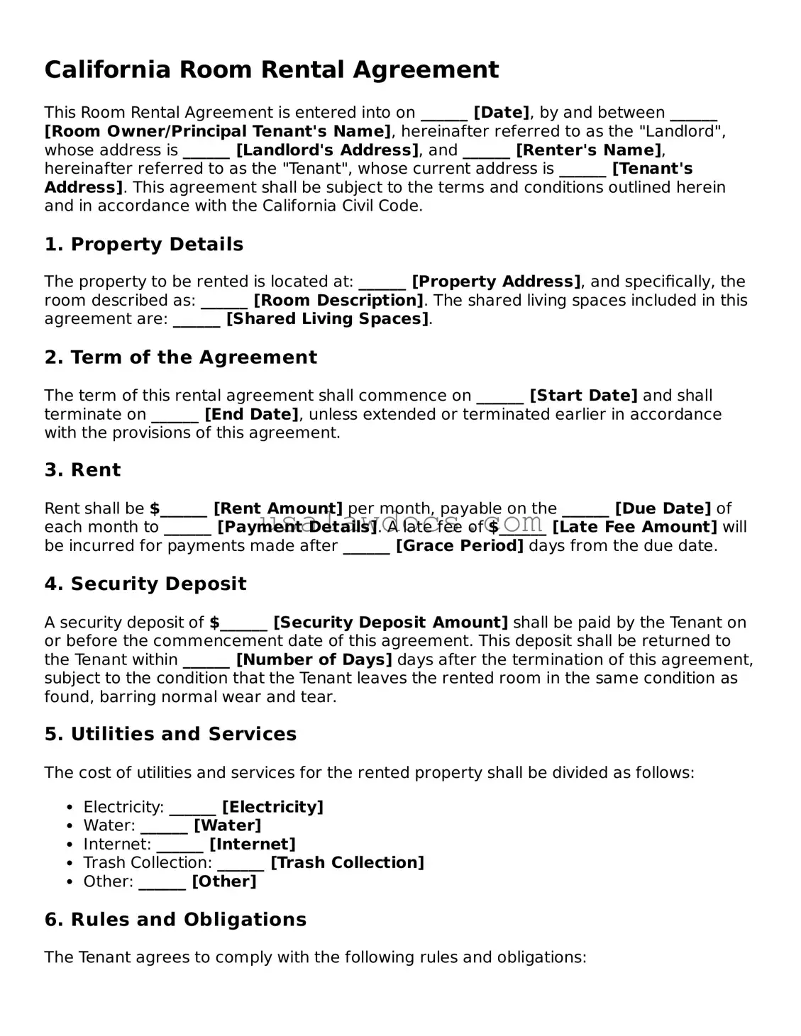 Attorney-Approved  Room Rental Agreement Form for California