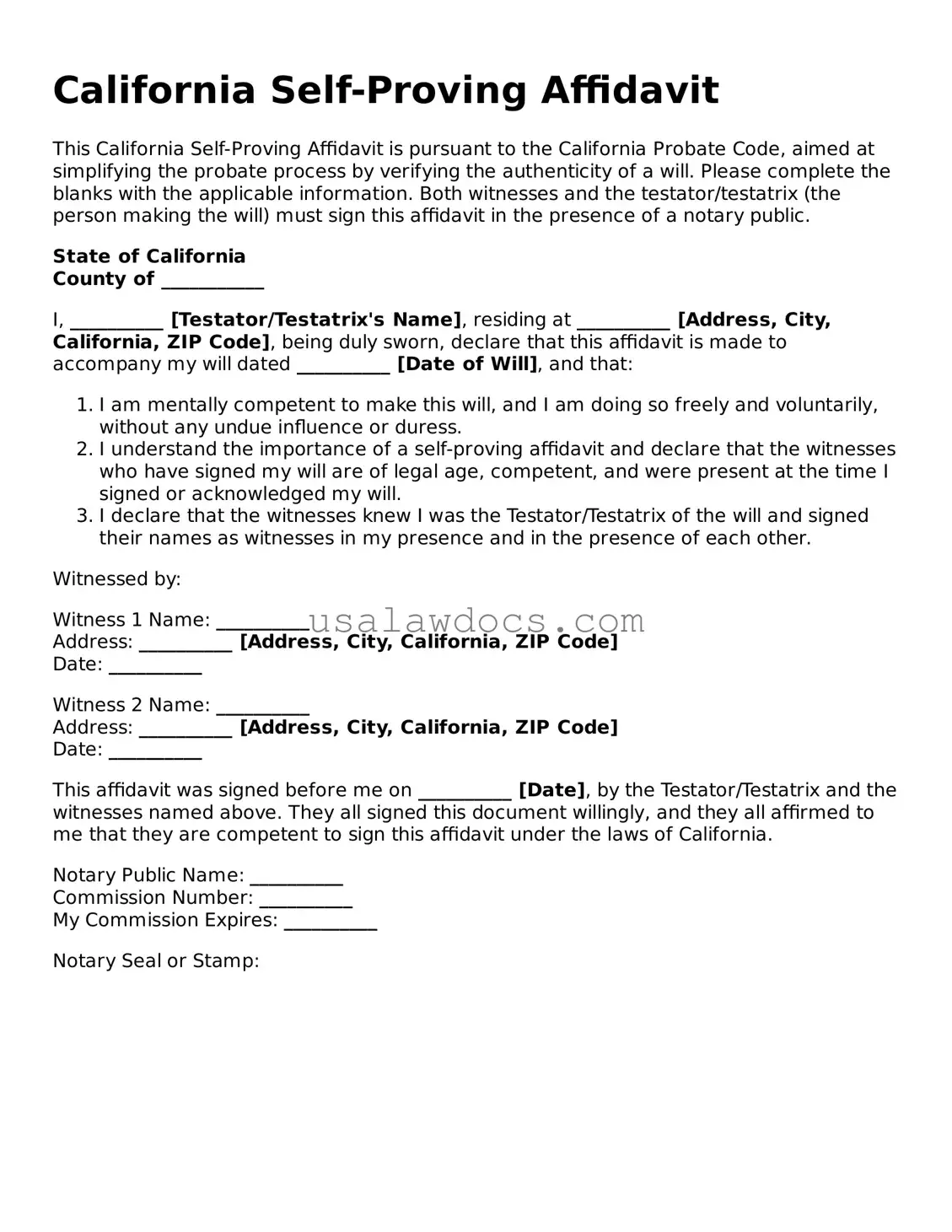 Attorney-Approved  Self-Proving Affidavit Form for California