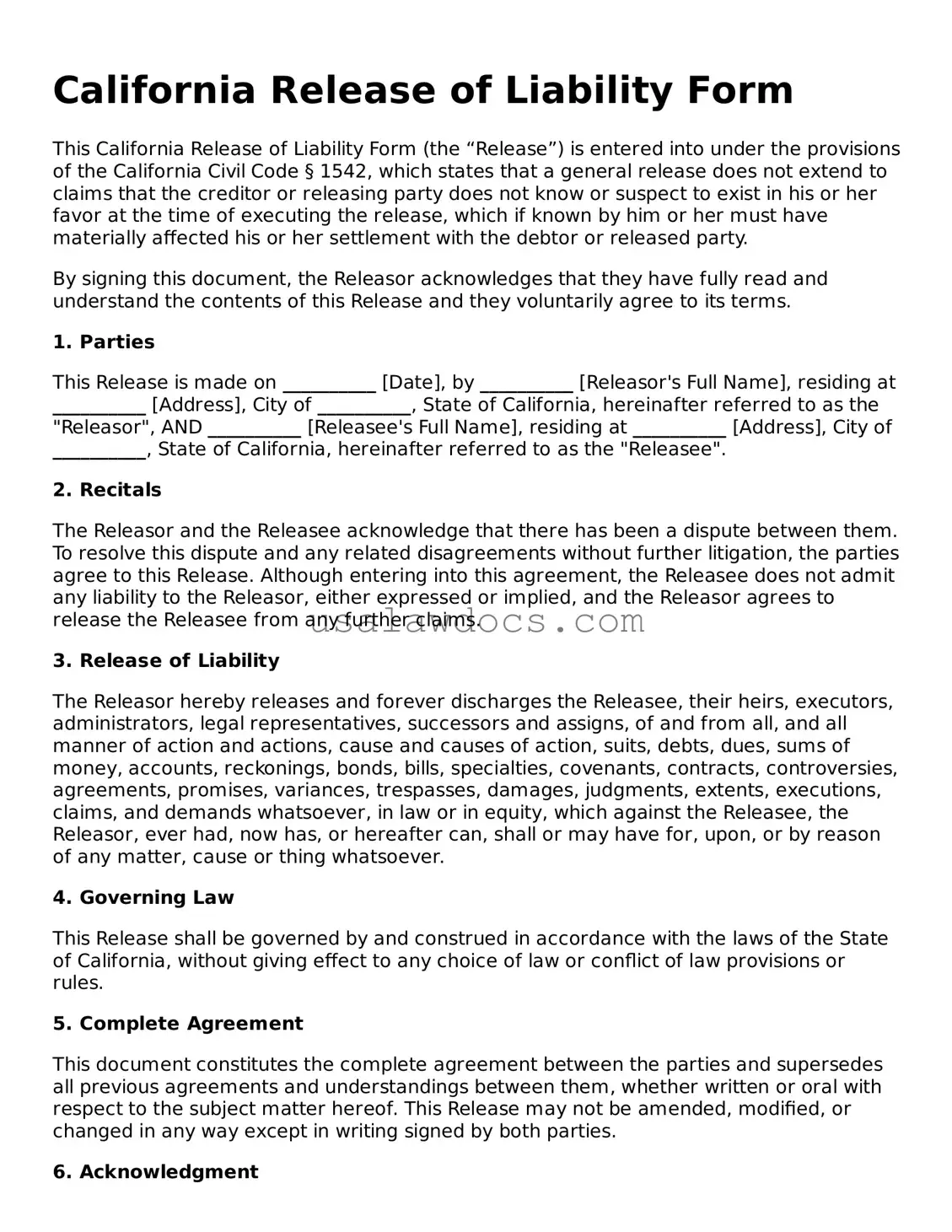 Attorney-Approved  Release of Liability Form for California