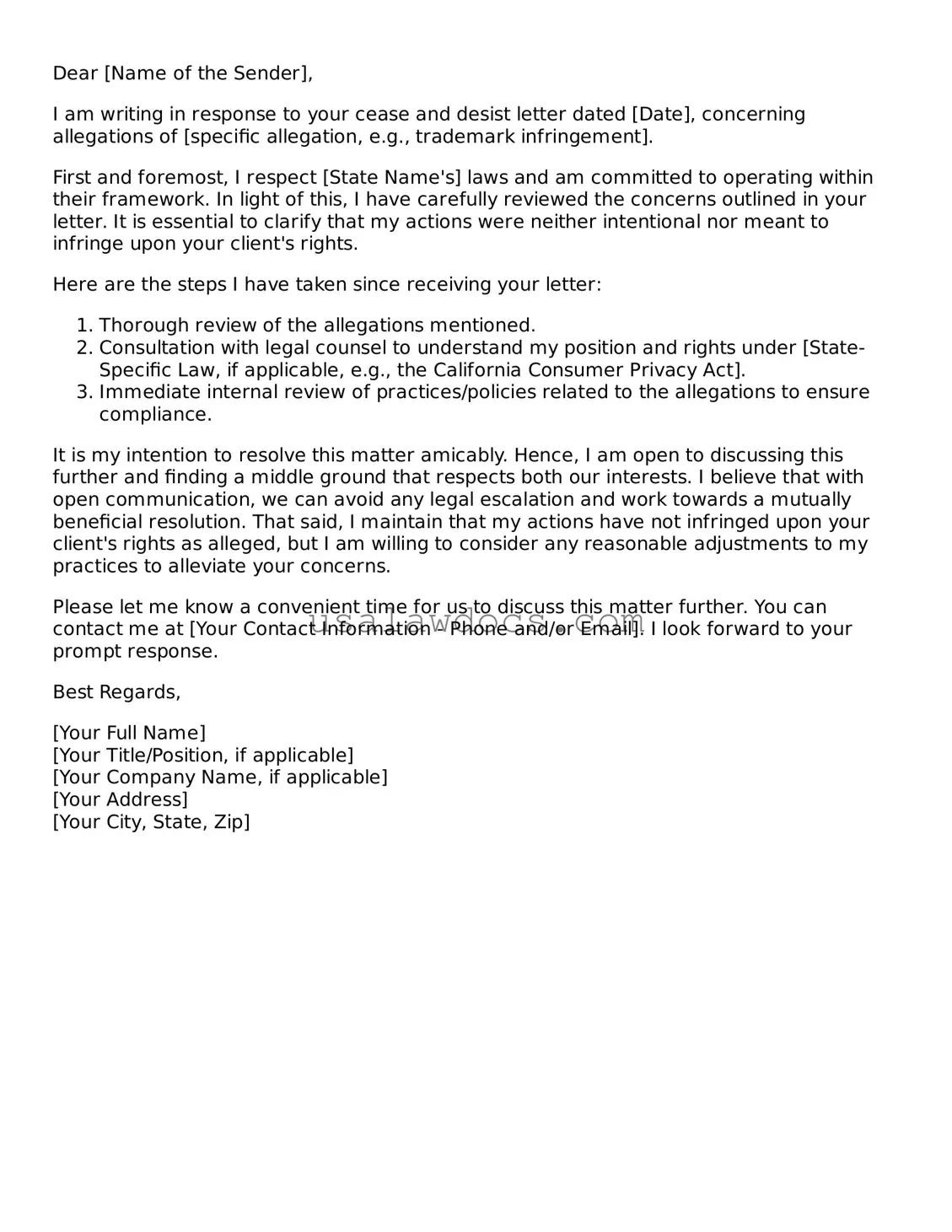 Free Response to a Cease and Desist Letter Form