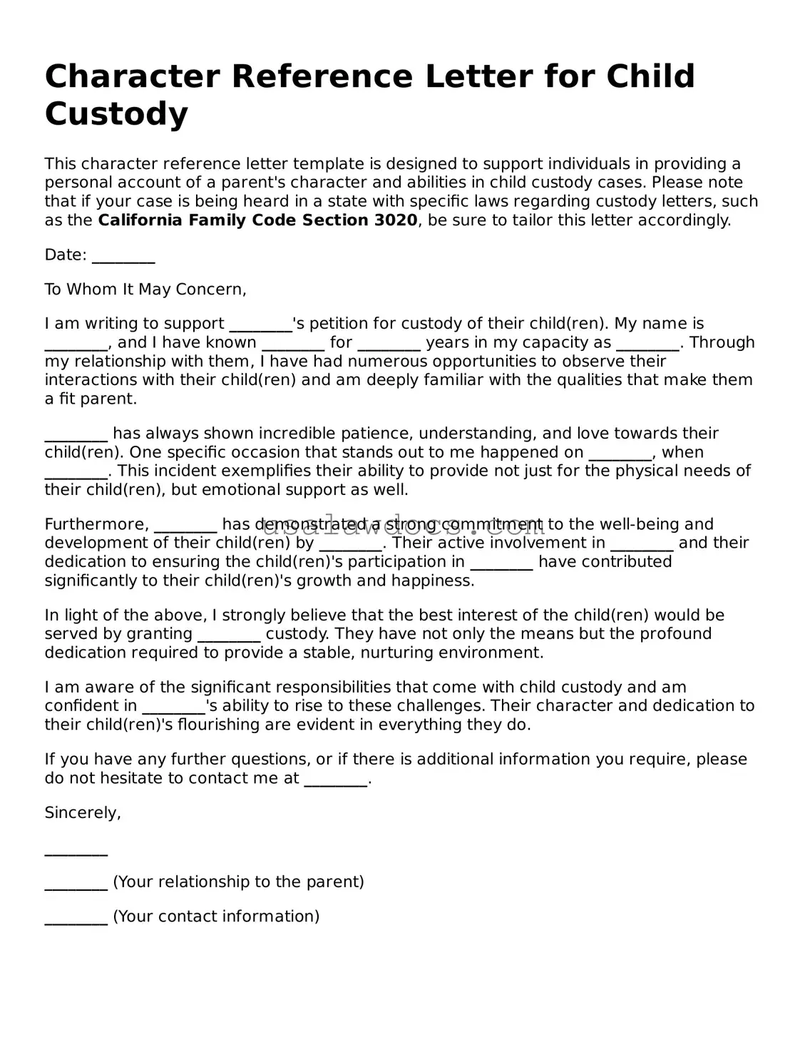 Free Character Reference Letter for Child Custody Form