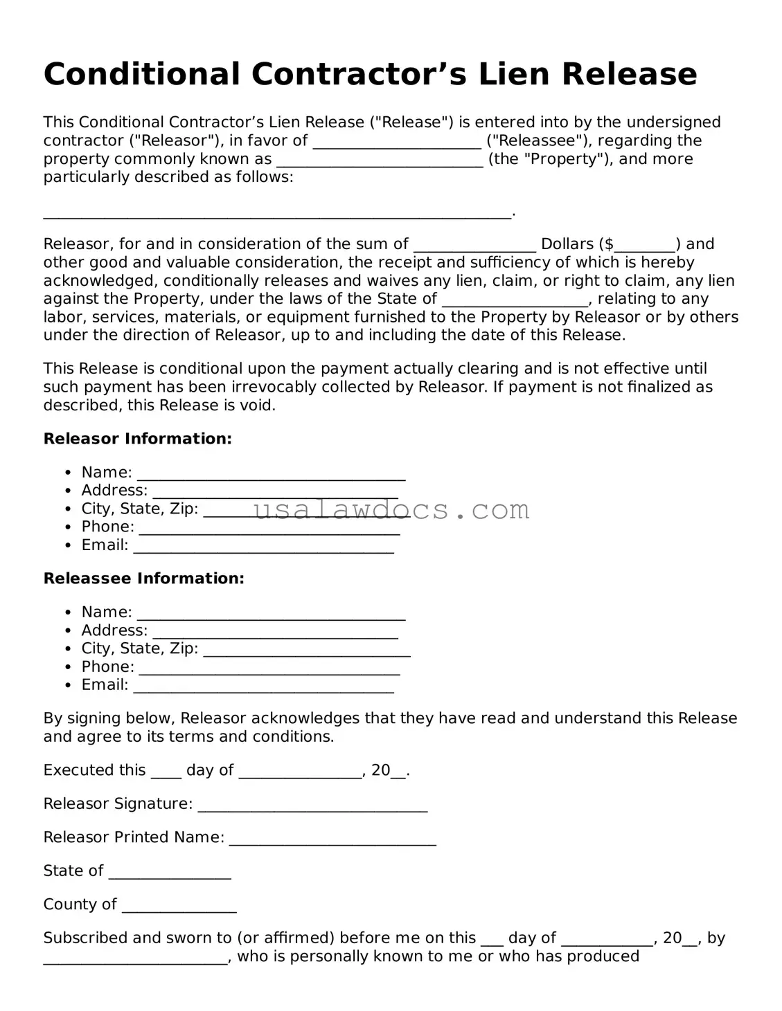 Free Conditional Contractor’s Lien Release Form