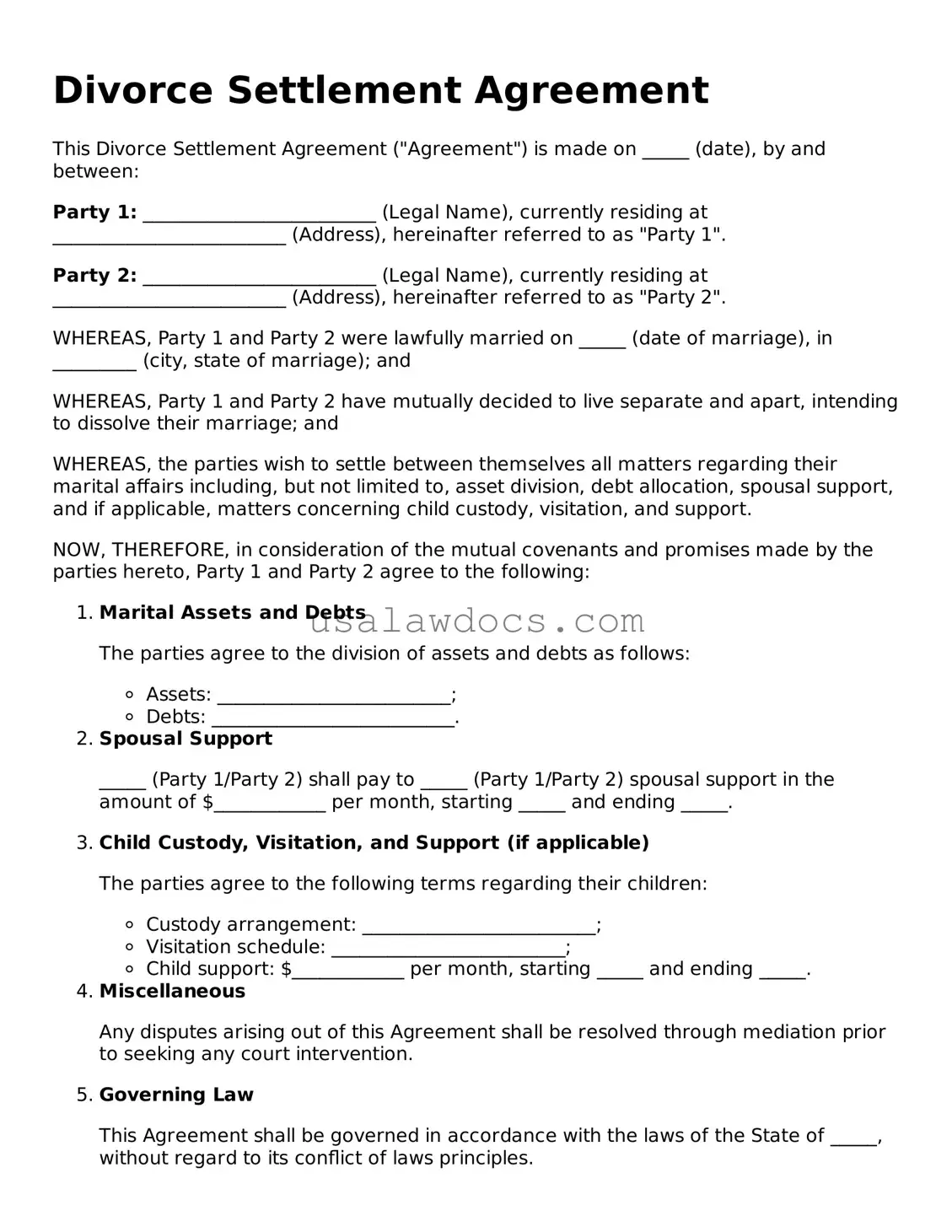Free Divorce Settlement Agreement Form