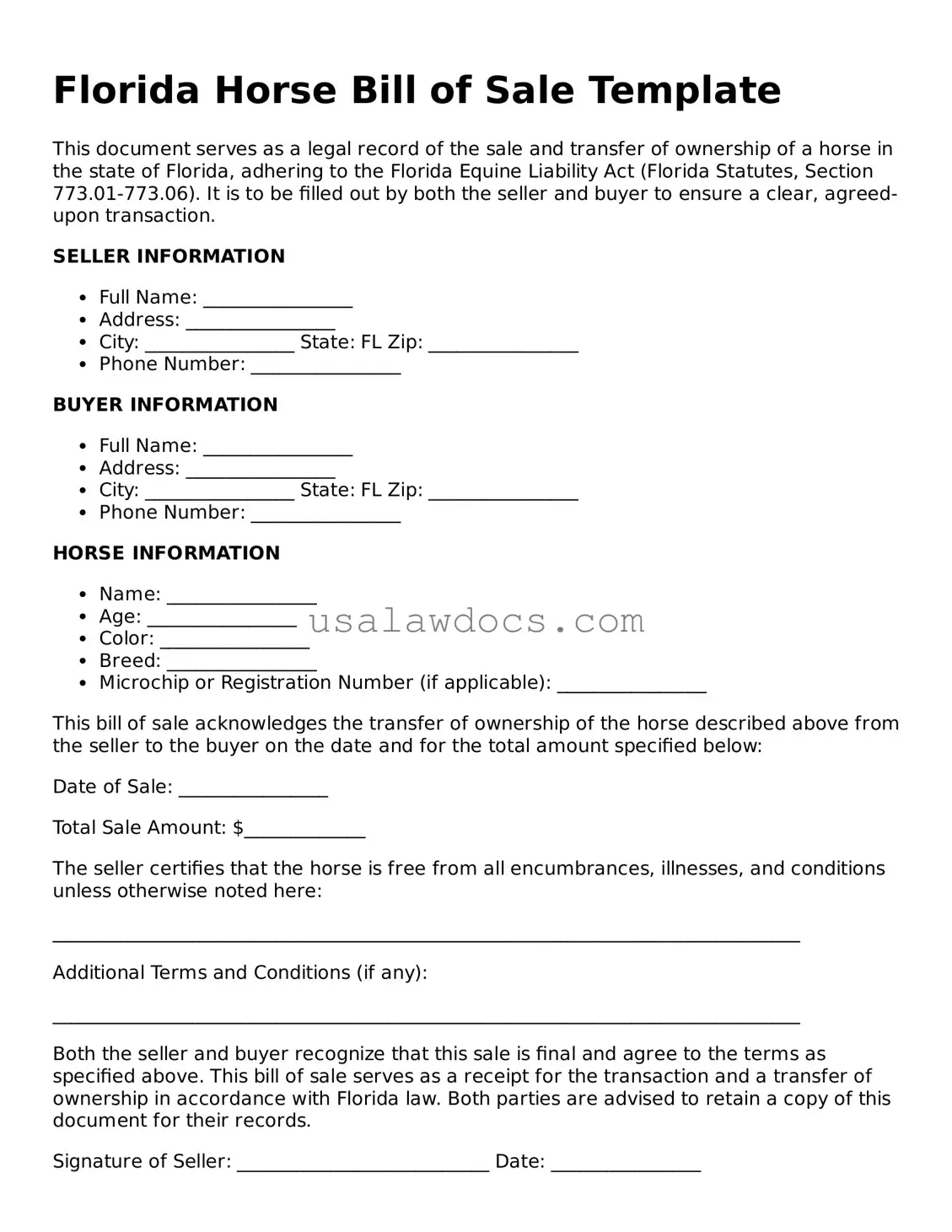 Attorney-Approved  Horse Bill of Sale Form for Florida