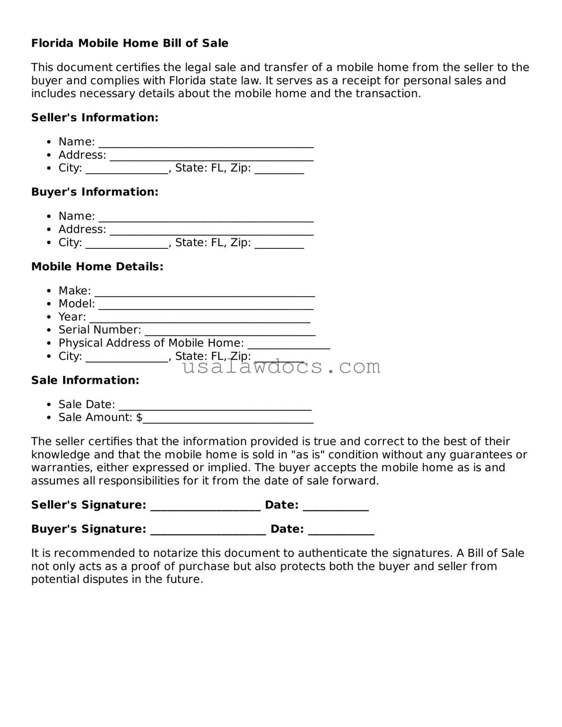 Attorney-Approved  Mobile Home Bill of Sale Form for Florida