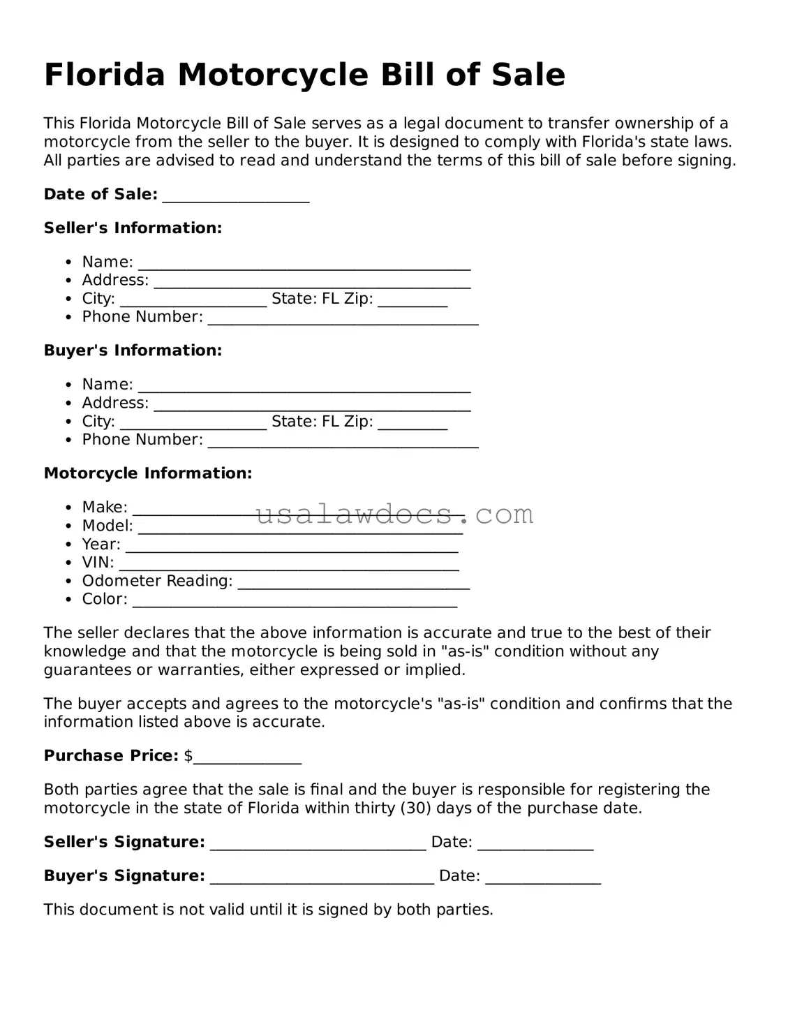 Attorney-Approved  Motorcycle Bill of Sale Form for Florida