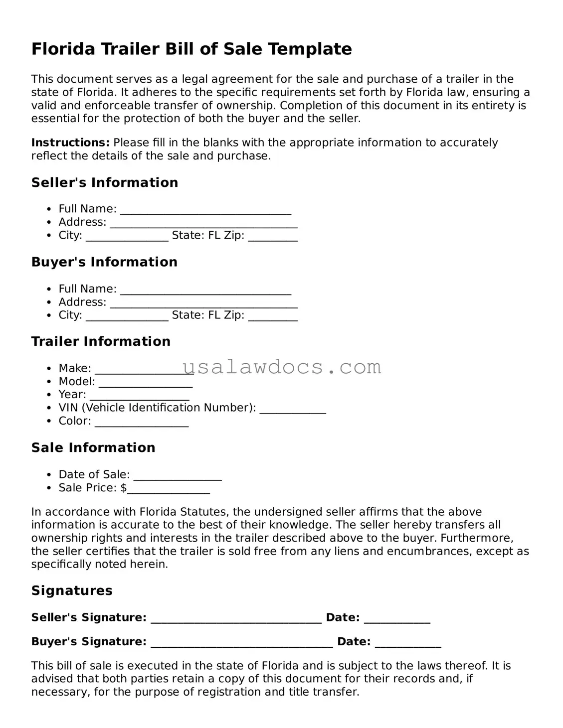 Attorney-Approved  Trailer Bill of Sale Form for Florida