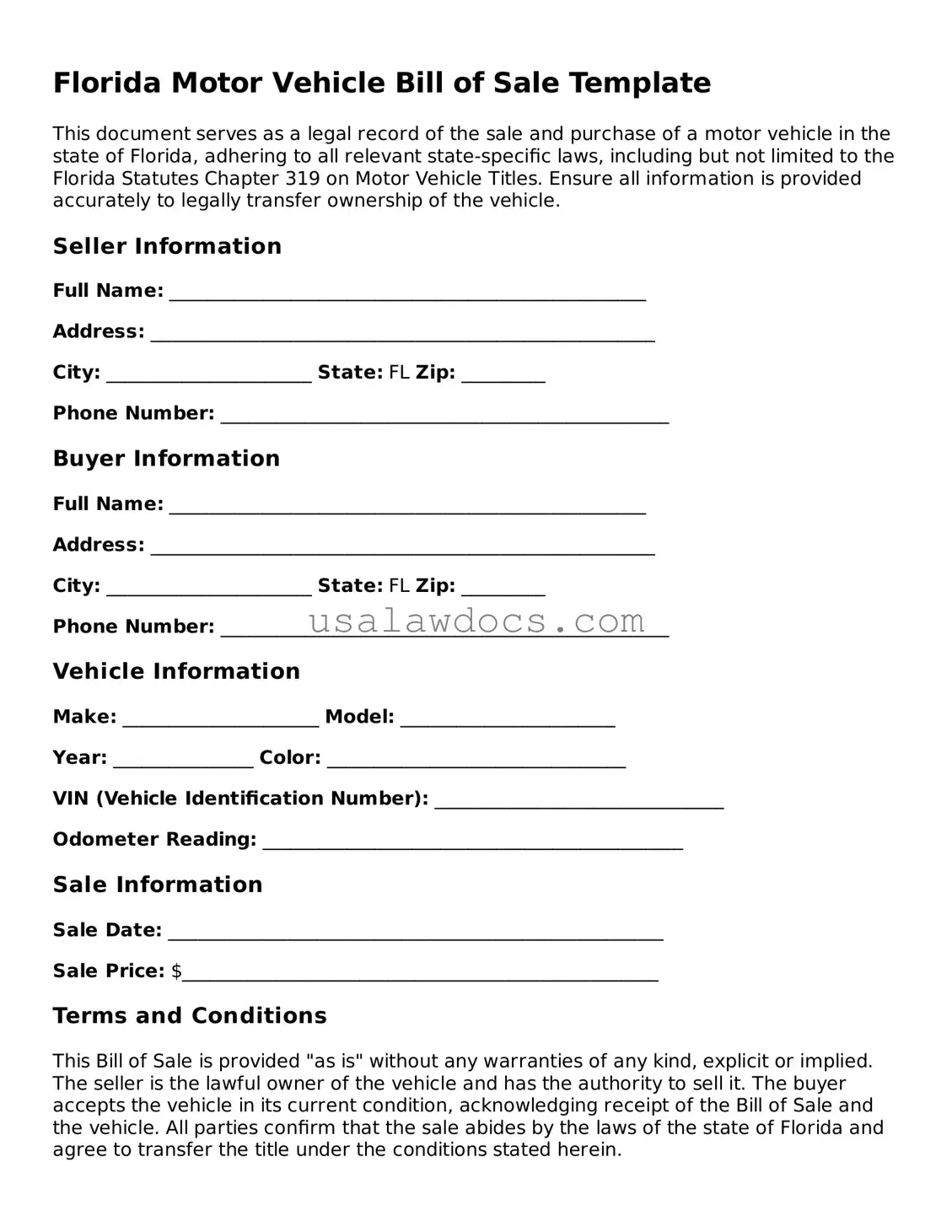 Attorney-Approved  Motor Vehicle Bill of Sale Form for Florida