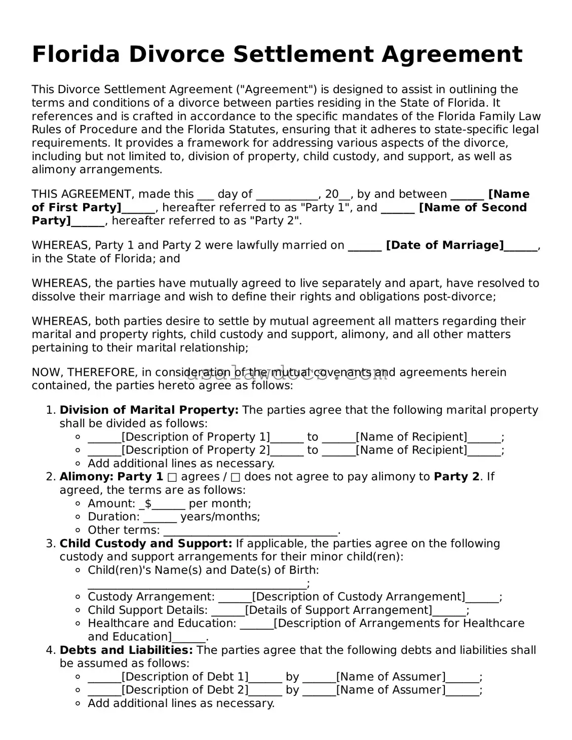 Attorney-Approved  Divorce Settlement Agreement Form for Florida