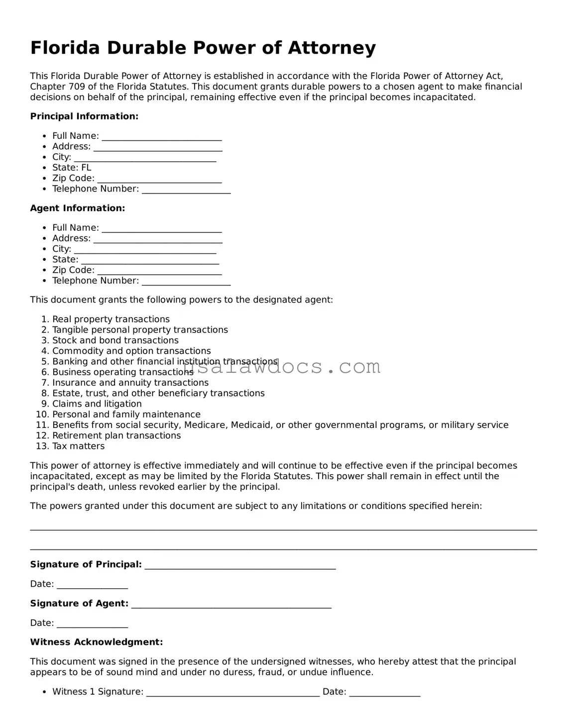 Attorney-Approved  Durable Power of Attorney Form for Florida