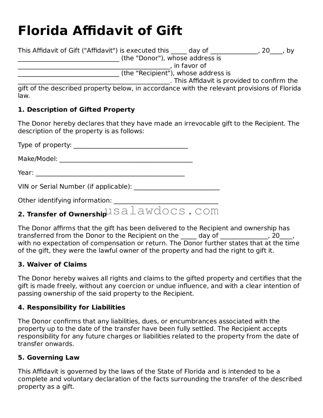 Attorney-Approved  Affidavit of Gift Form for Florida