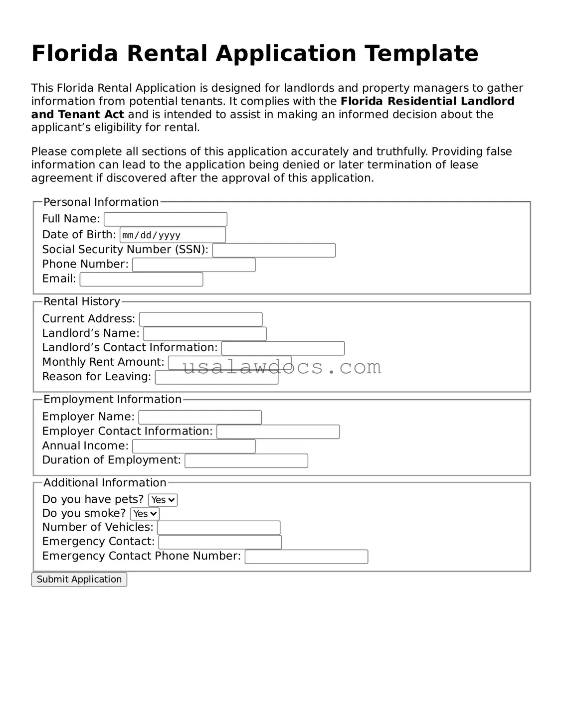 Attorney-Approved  Rental Application Form for Florida