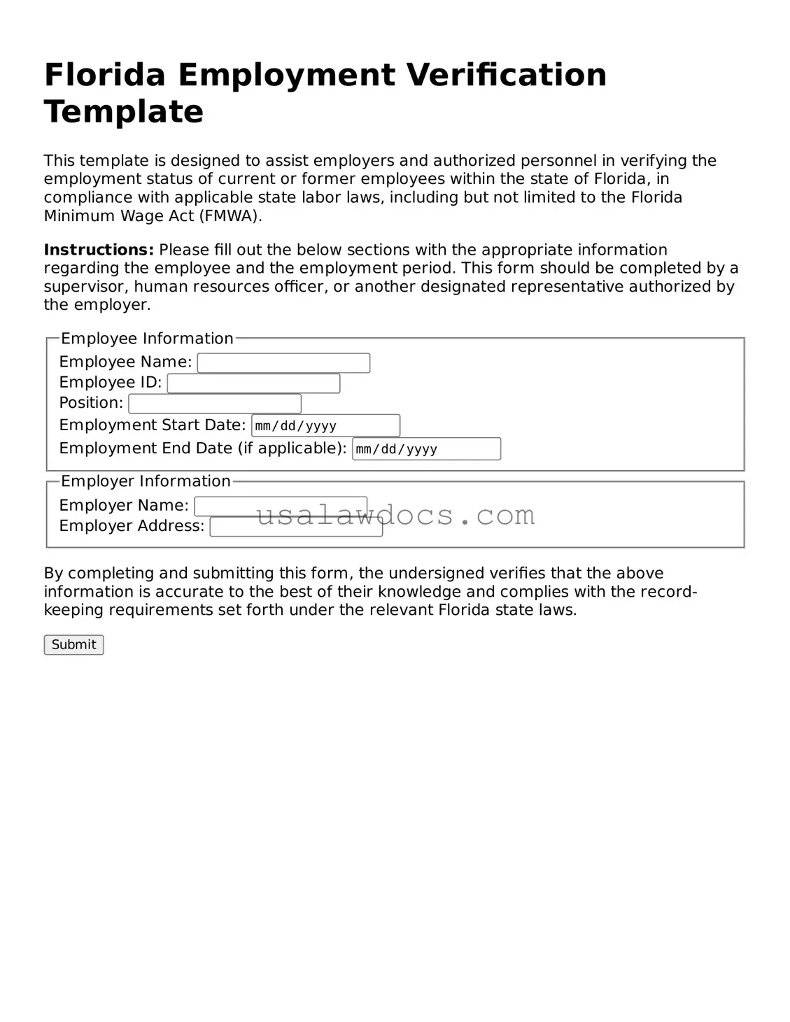 Attorney-Approved  Employment Verification Form for Florida