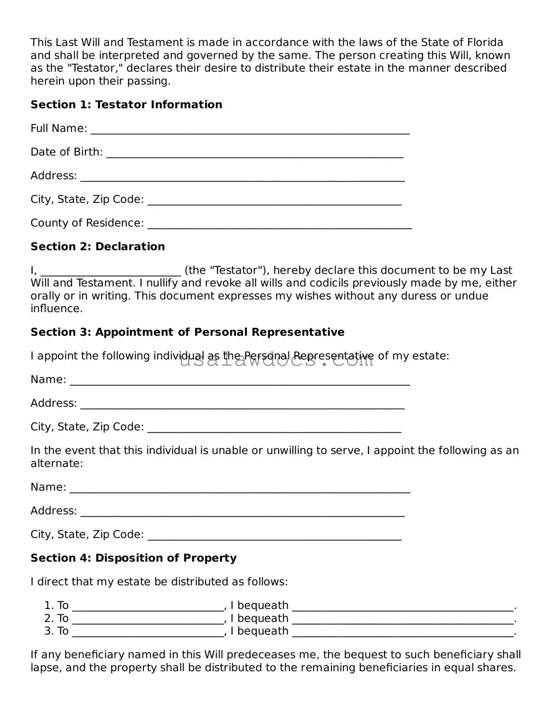 Attorney-Approved  Last Will and Testament Form for Florida