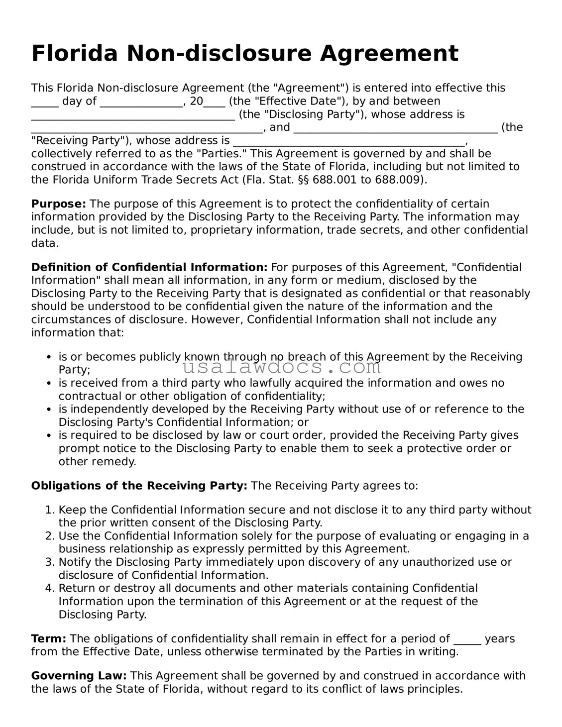 Attorney-Approved  Non-disclosure Agreement Form for Florida