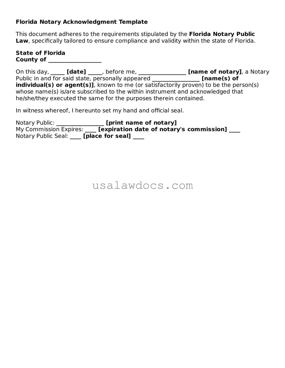 Attorney-Approved  Notary Acknowledgement Form for Florida
