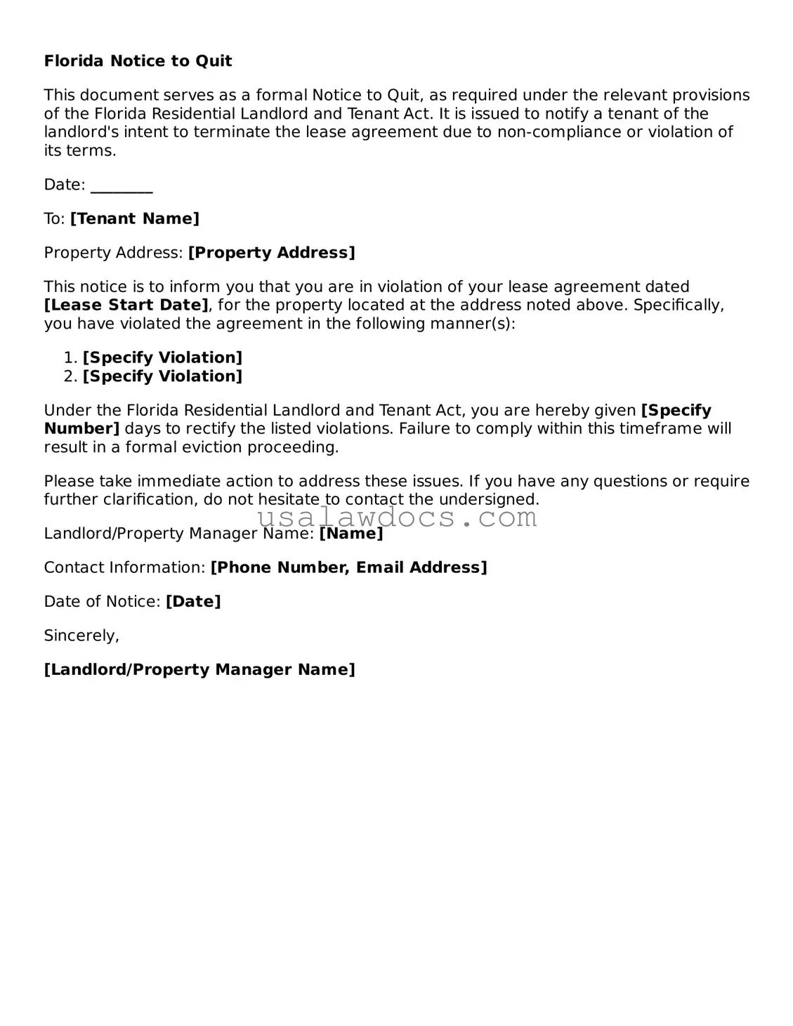 Attorney-Approved  Notice to Quit Form for Florida