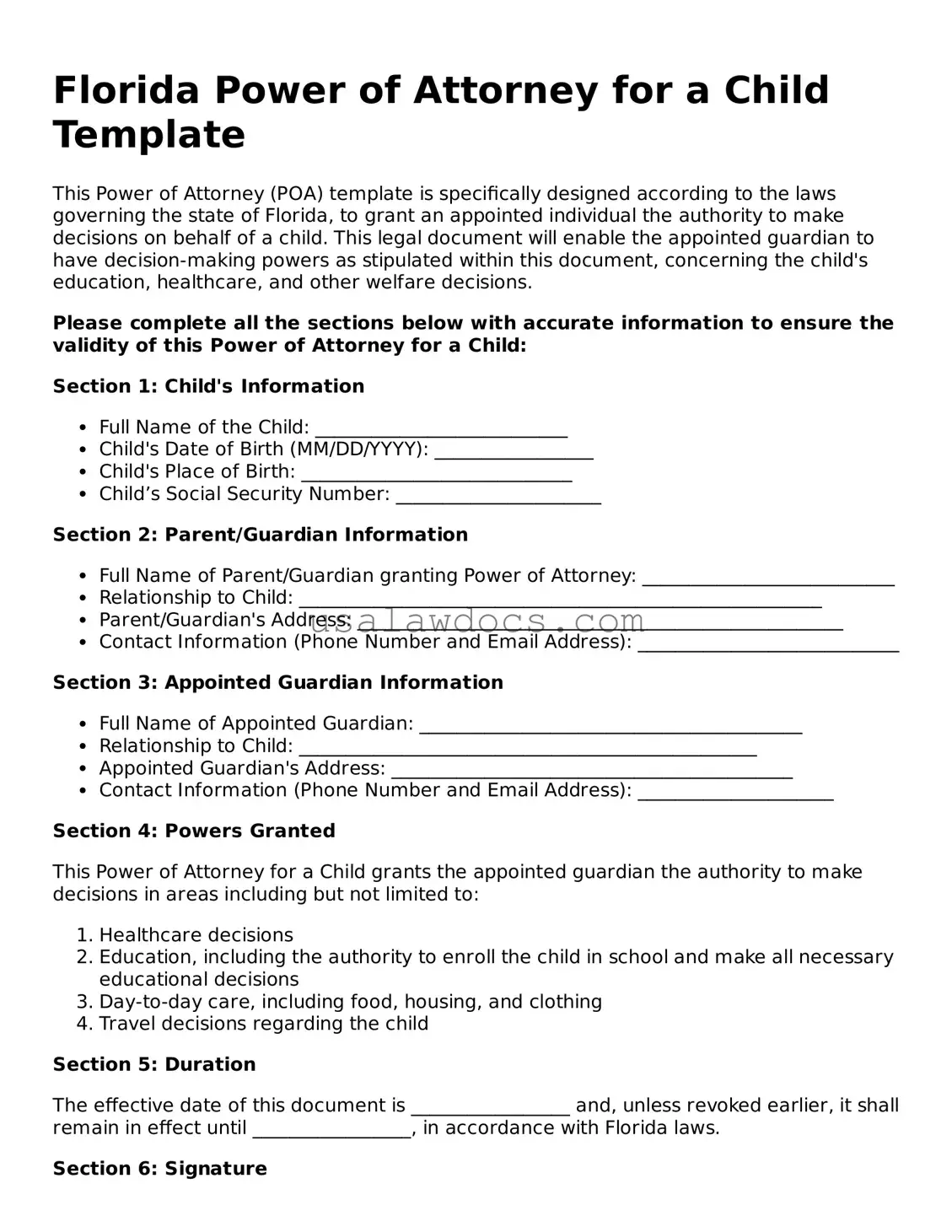 Attorney-Approved  Power of Attorney for a Child Form for Florida
