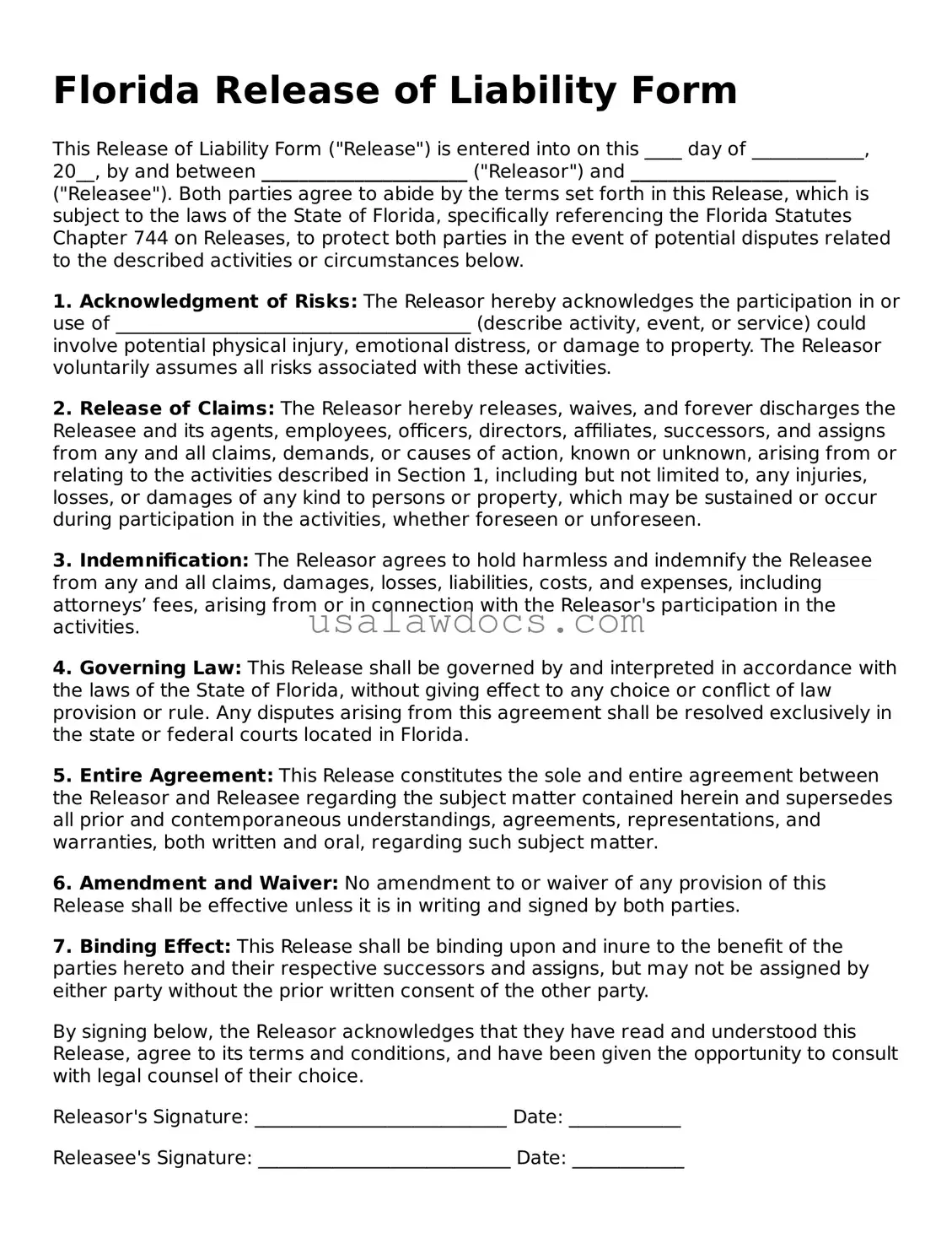Attorney-Approved  Release of Liability Form for Florida