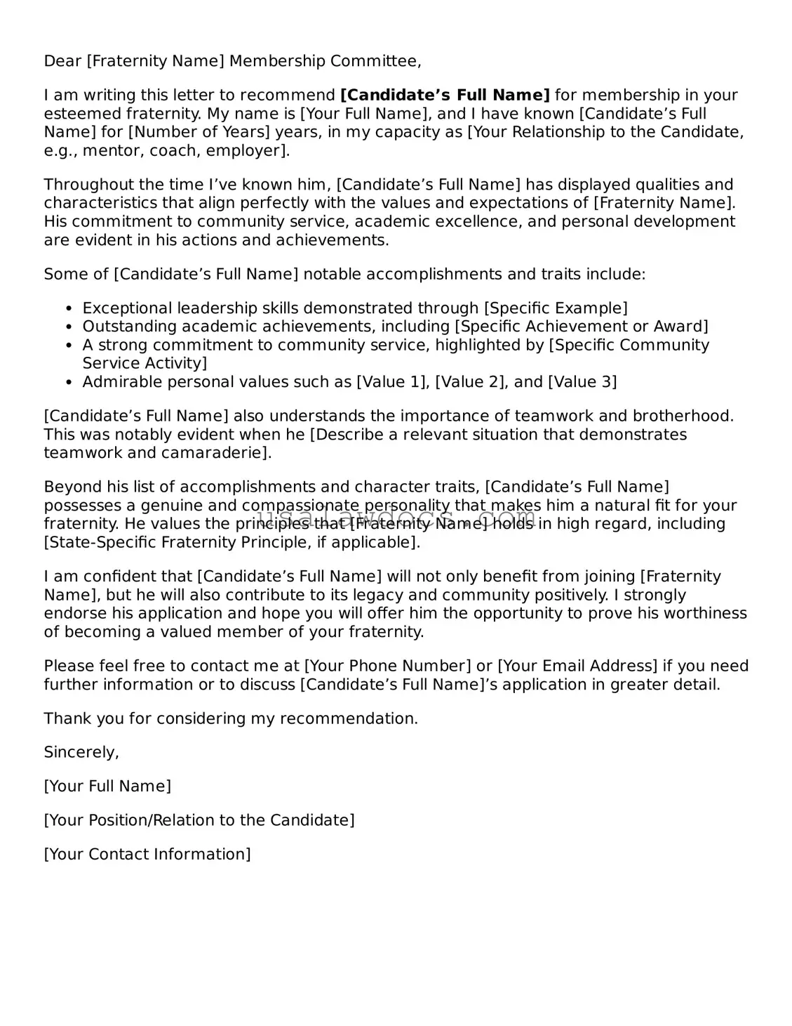 Free Fraternity Recommendation Letter Form