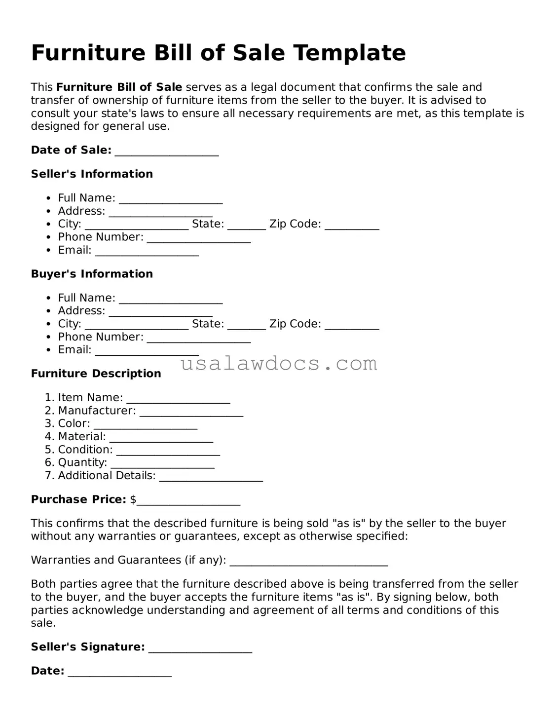 Free Furniture Bill of Sale Form