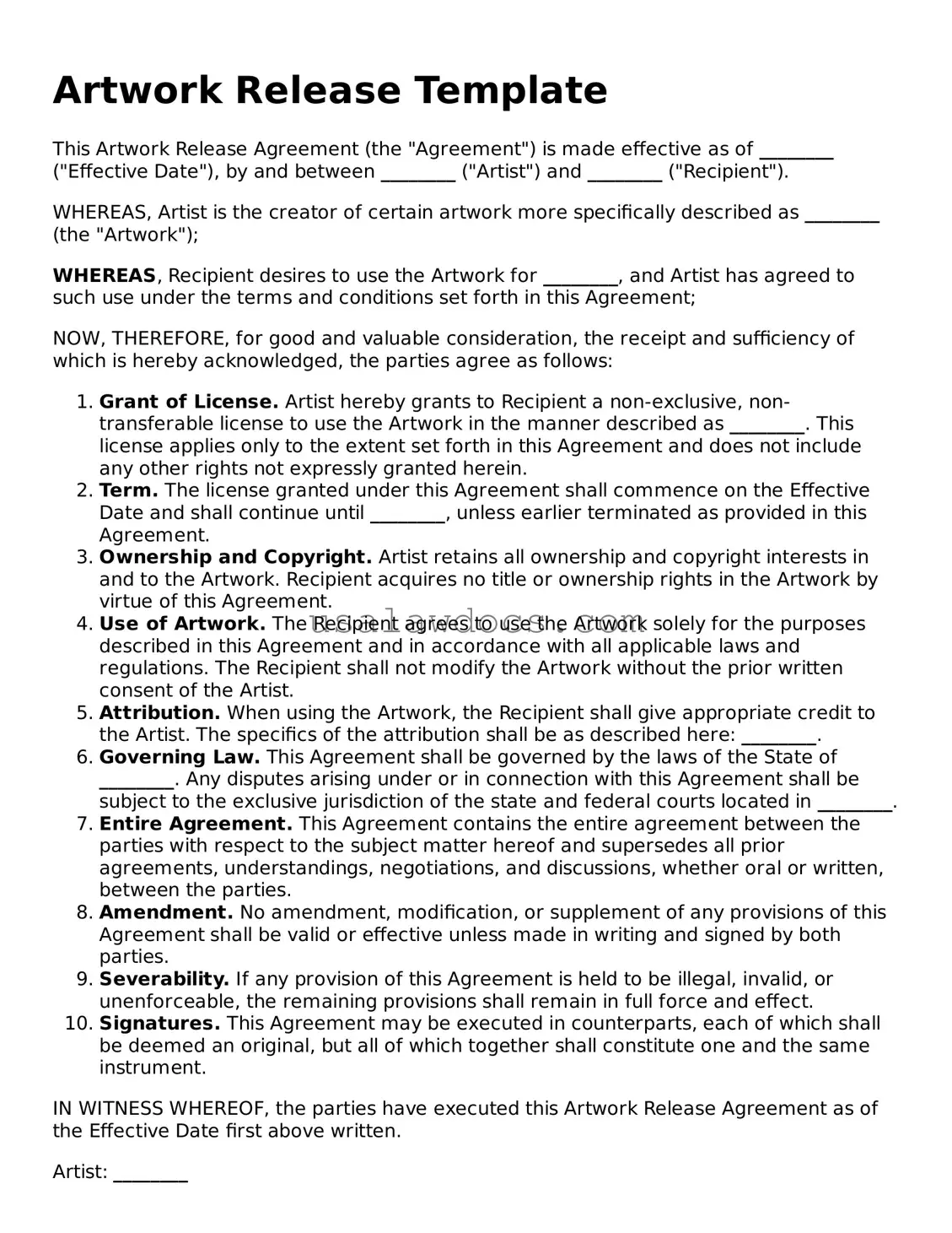 Free Artwork Release Form