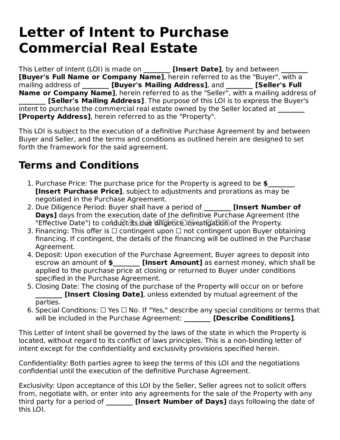 Free Letter of Intent to Purchase Commercial Real Estate Form