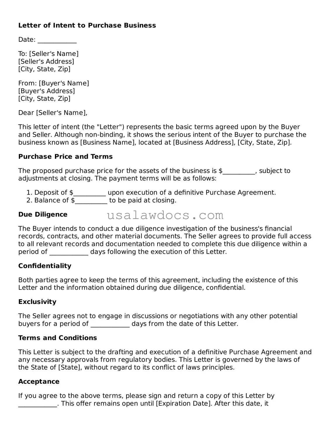 Free Letter of Intent to Purchase Business Form