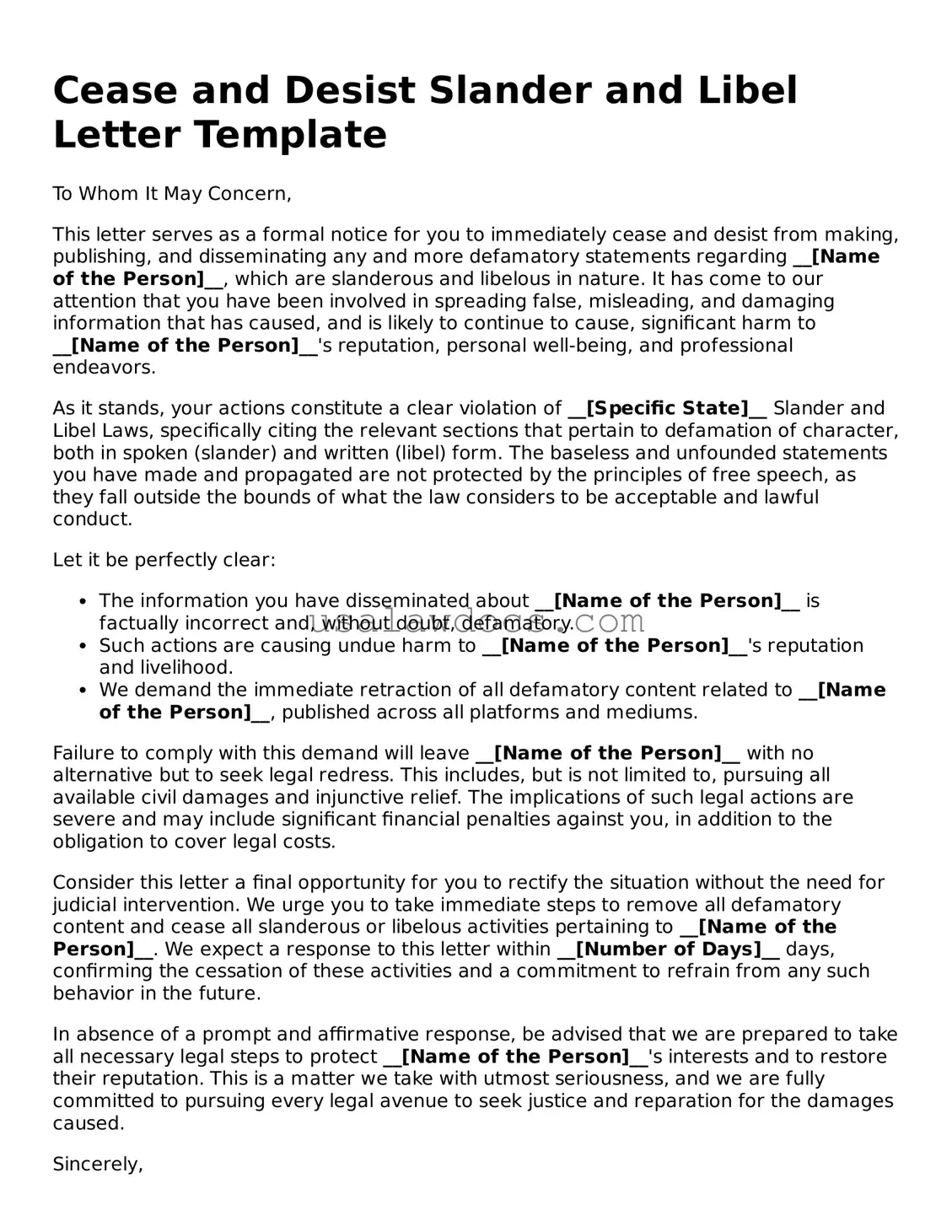 Free Cease and Desist Slander and Libel Letter Form