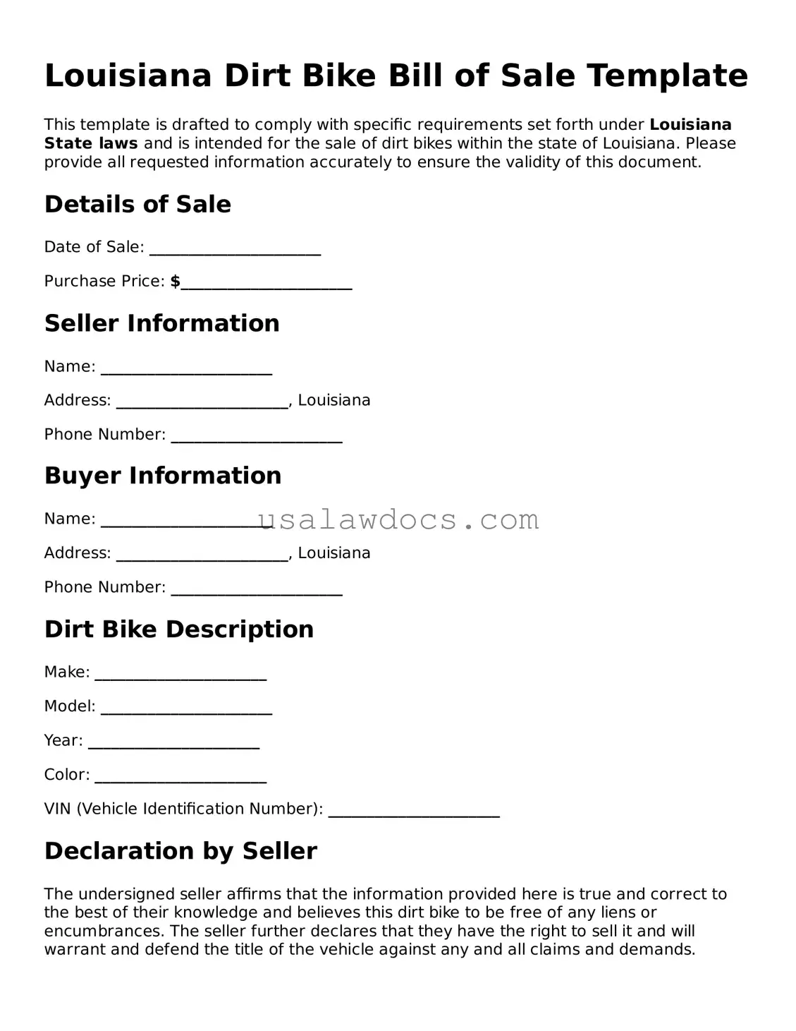 Attorney-Approved  Dirt Bike Bill of Sale Form for Louisiana