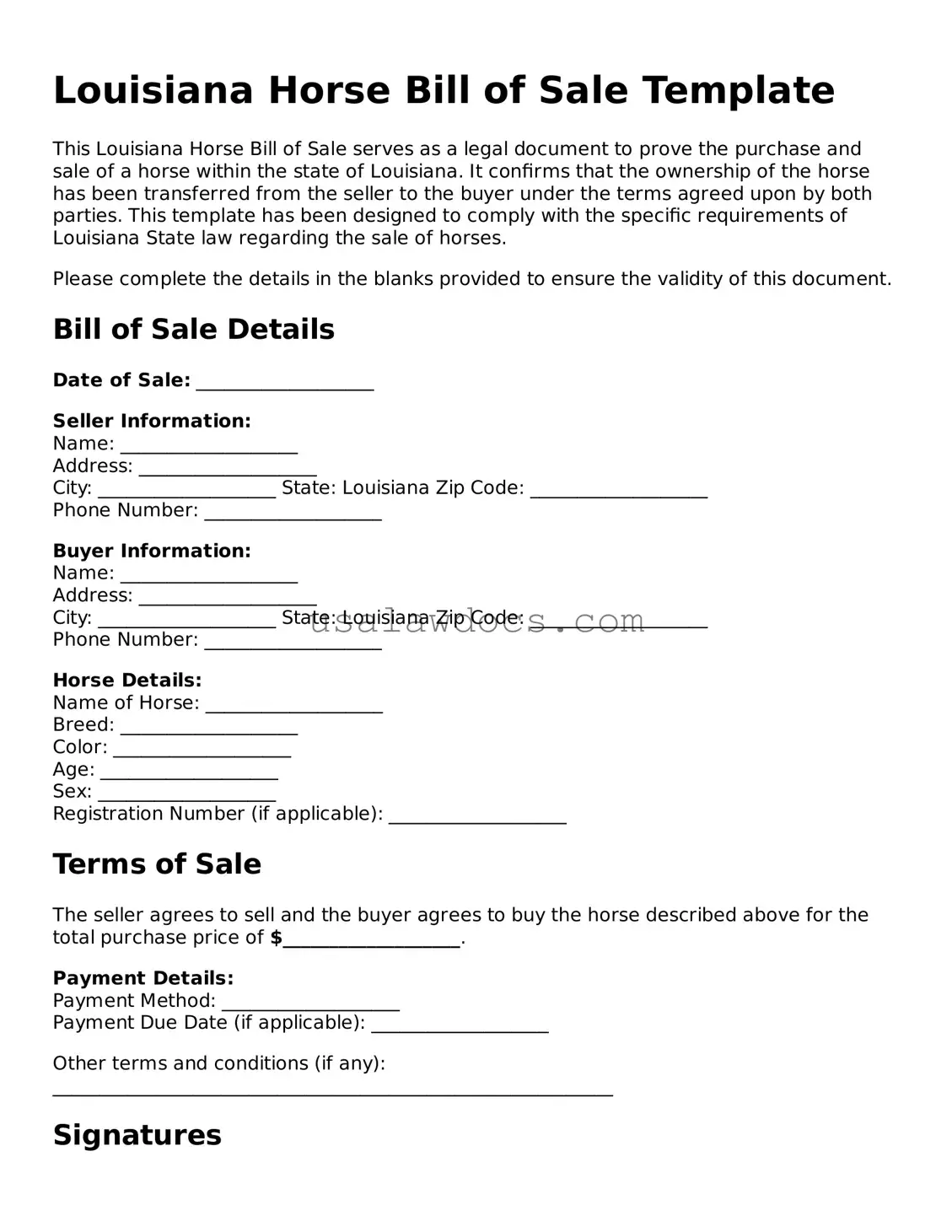 Attorney-Approved  Horse Bill of Sale Form for Louisiana