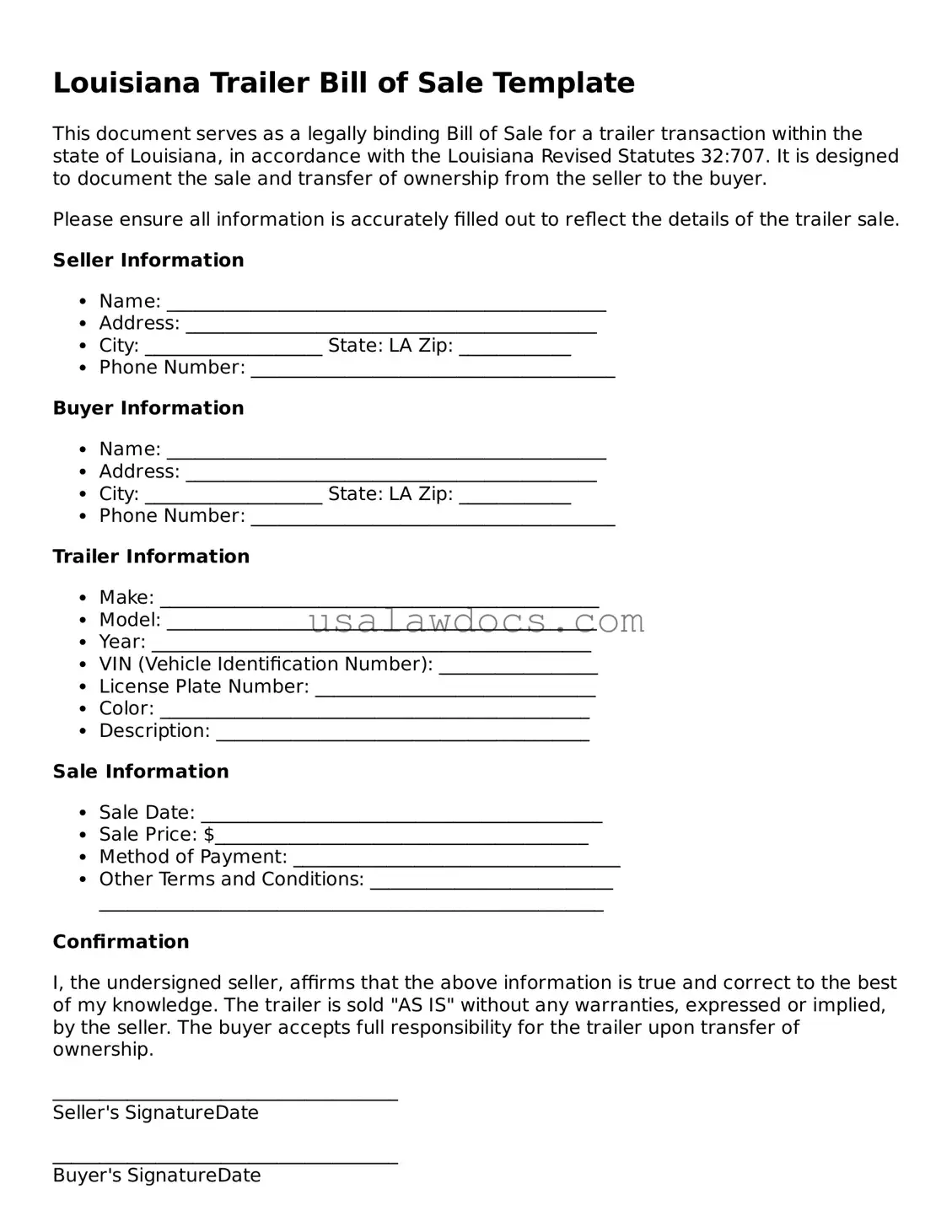 Attorney-Approved  Trailer Bill of Sale Form for Louisiana