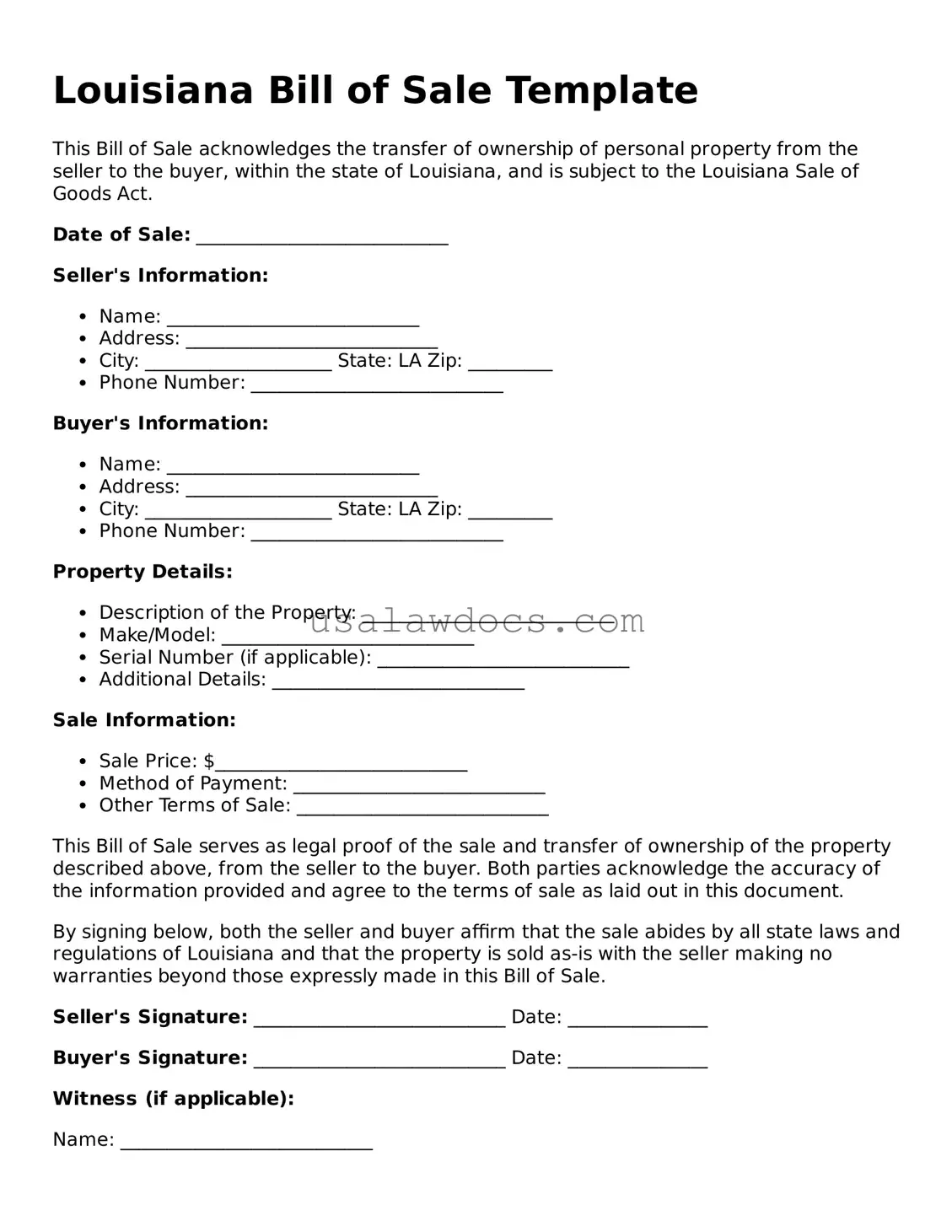 Attorney-Approved  Bill of Sale Form for Louisiana
