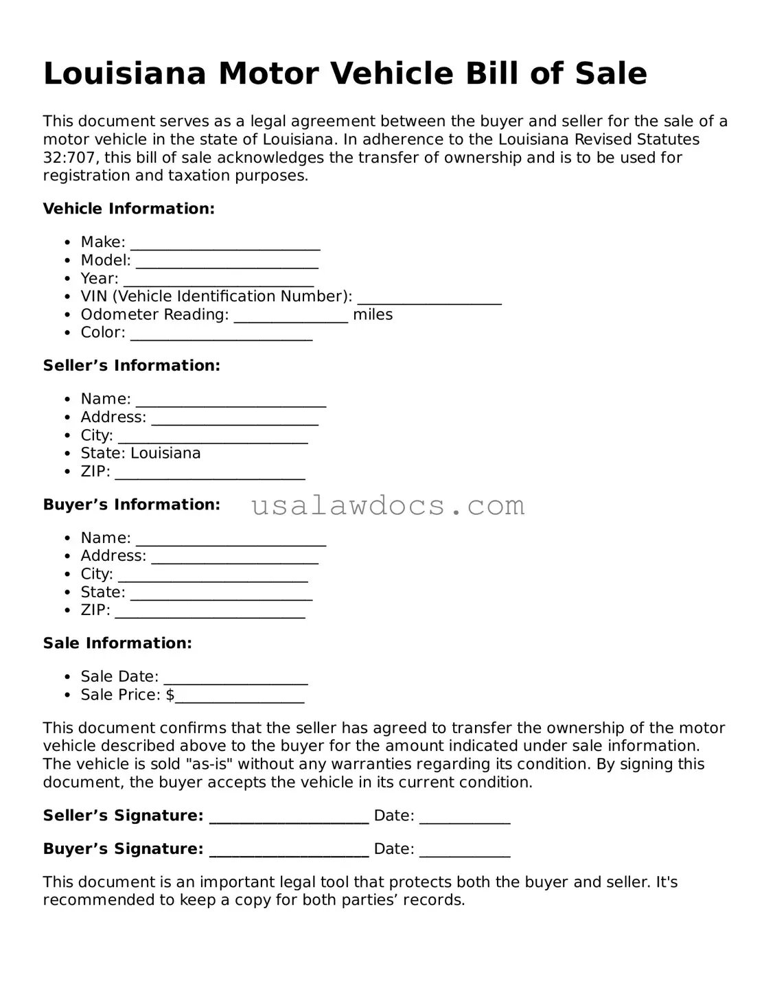 Attorney-Approved  Motor Vehicle Bill of Sale Form for Louisiana