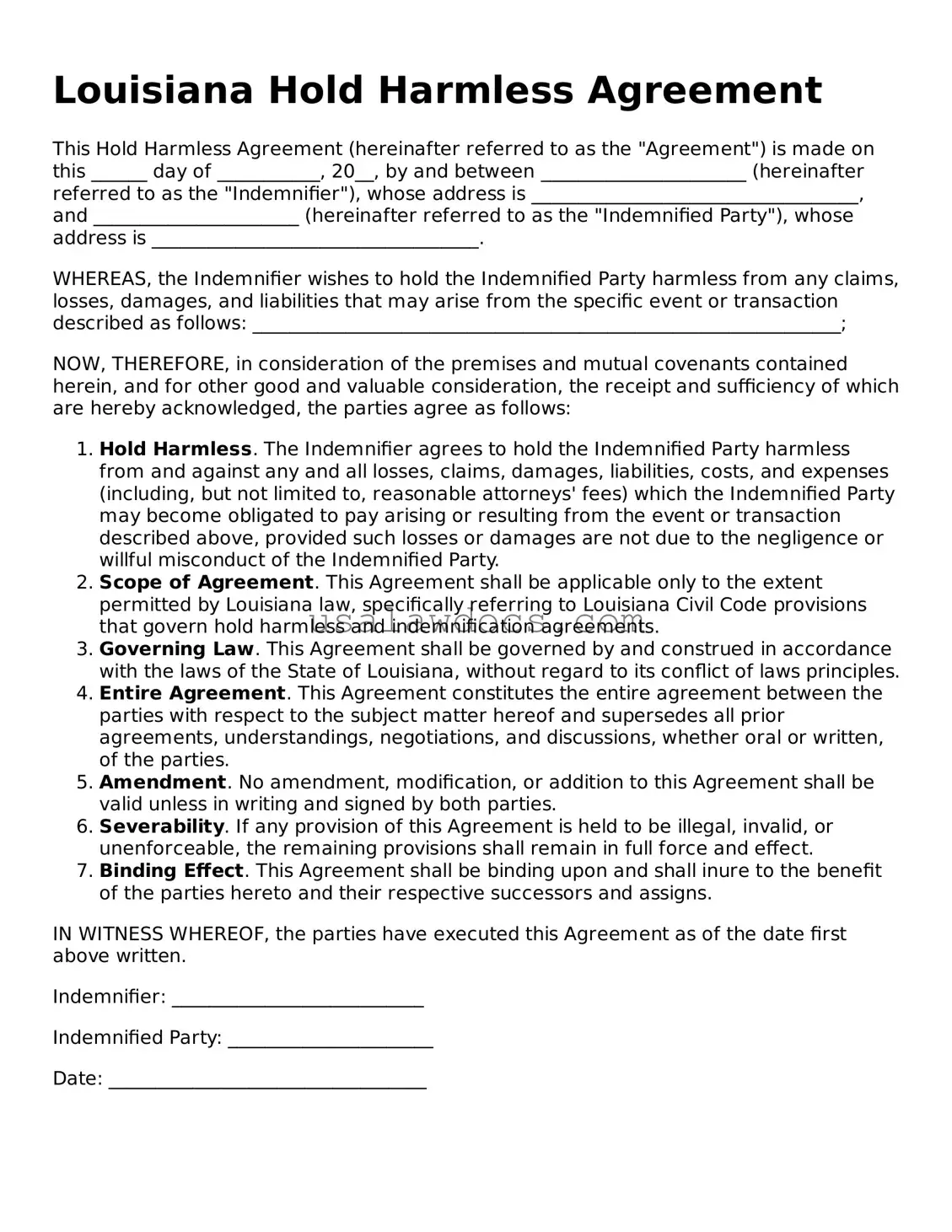 Attorney-Approved  Hold Harmless Agreement Form for Louisiana