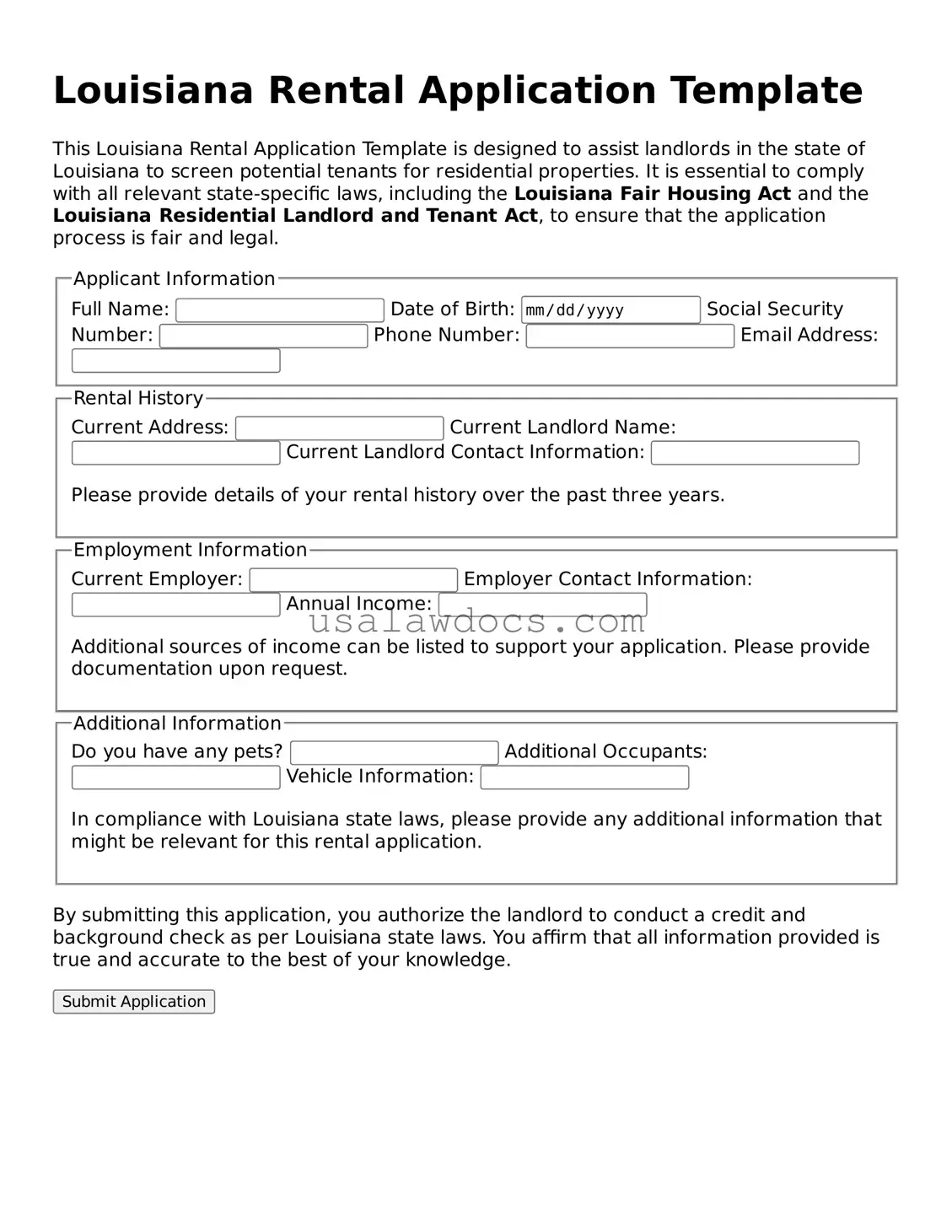 Attorney-Approved  Rental Application Form for Louisiana