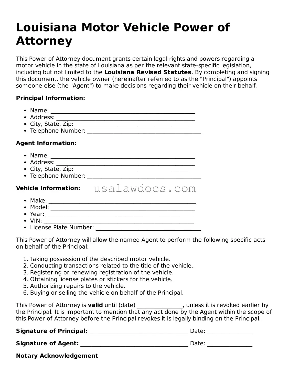 Attorney-Approved  Motor Vehicle Power of Attorney Form for Louisiana